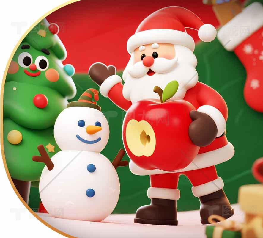 圣诞节卡通场景：圣诞老人与雪人互动素材