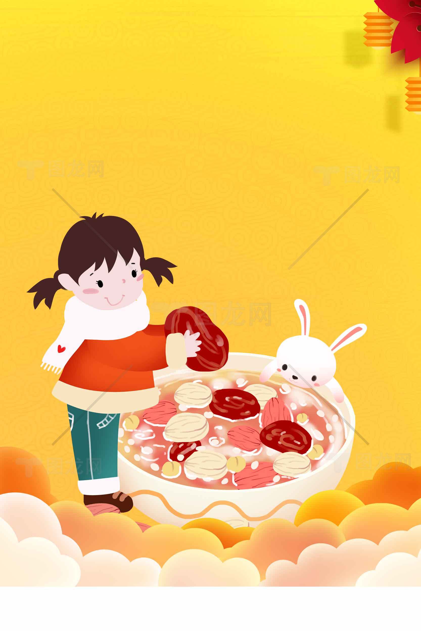 元宵节传统美食插画：女孩与汤圆的温馨时刻素材