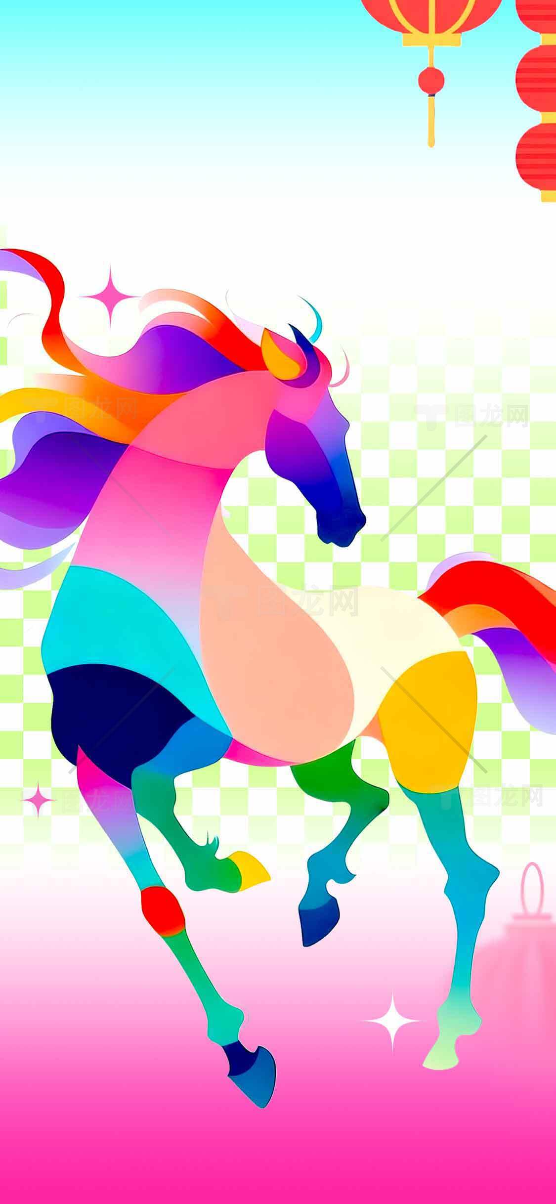 彩虹色奔马插画设计图片素材