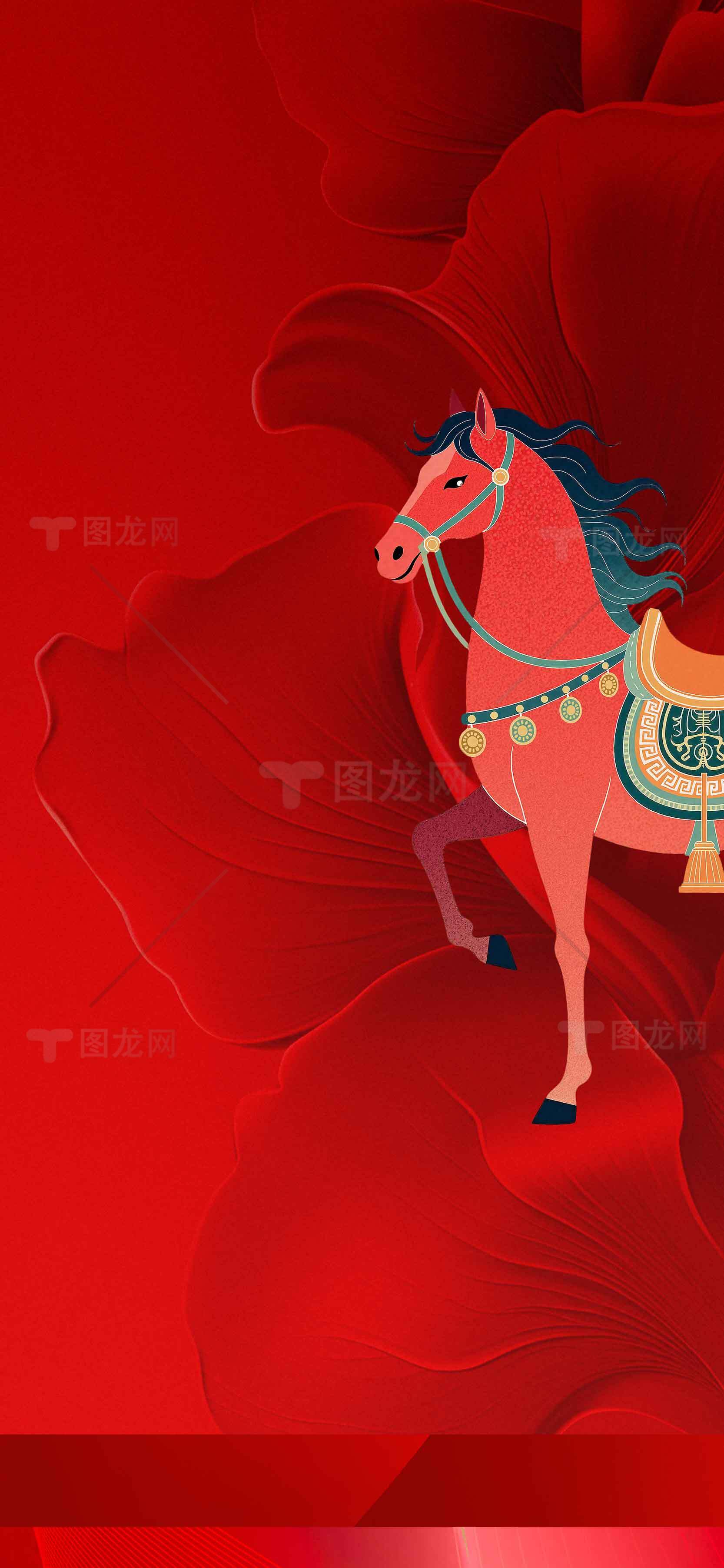 中国风红色背景骏马插画设计素材
