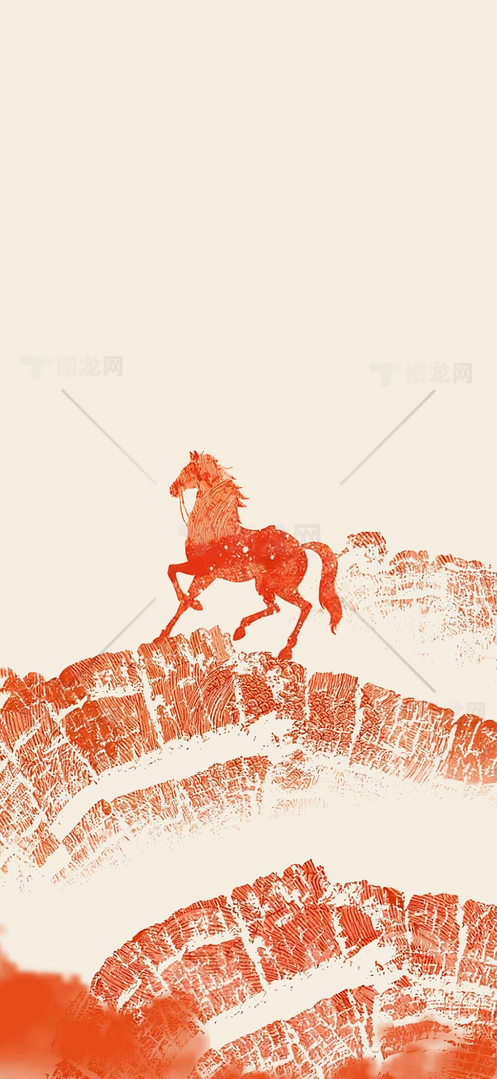 红色奔马水墨画艺术背景素材