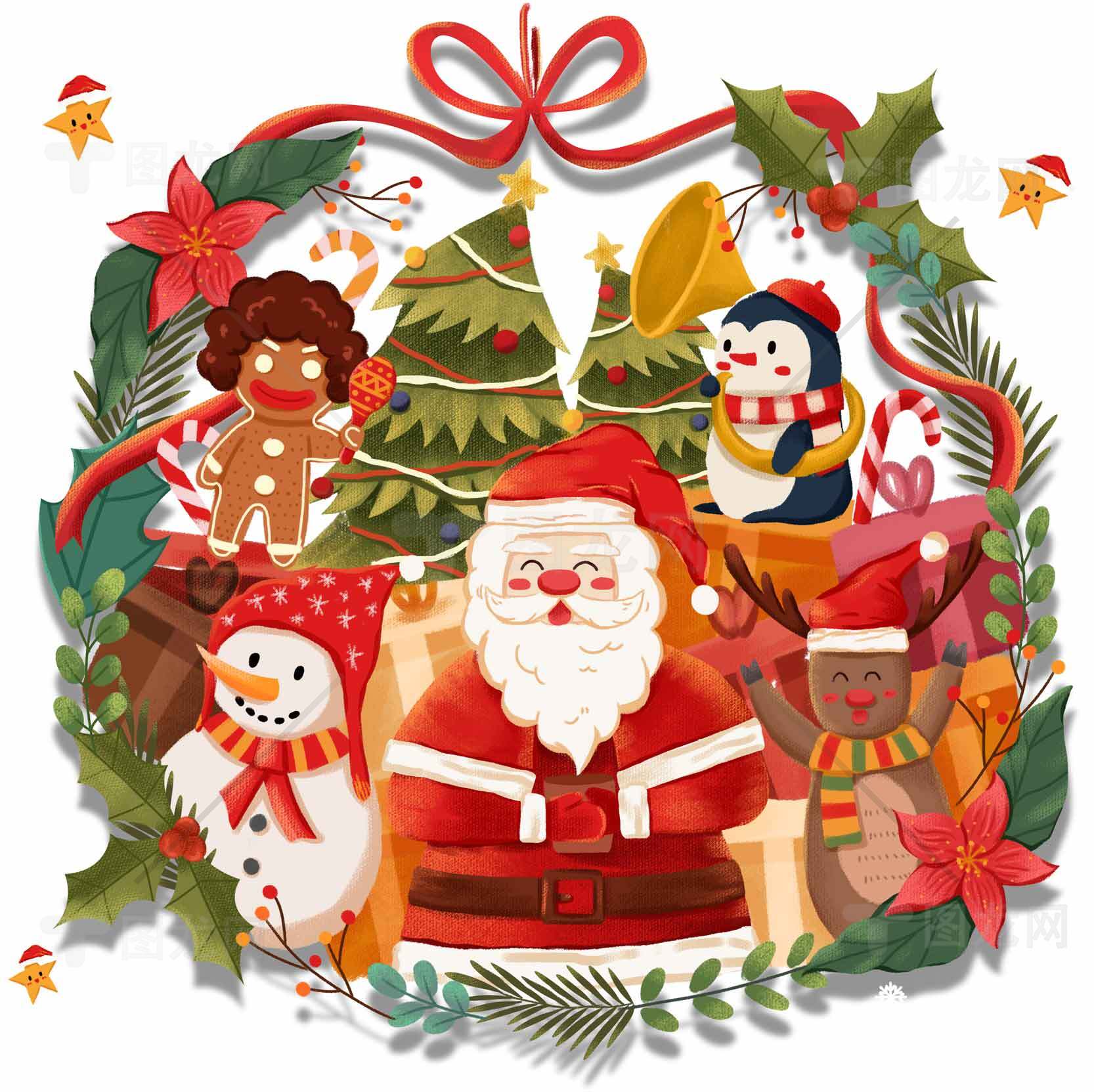 圣诞节插画：圣诞老人和节日元素的温馨场景素材