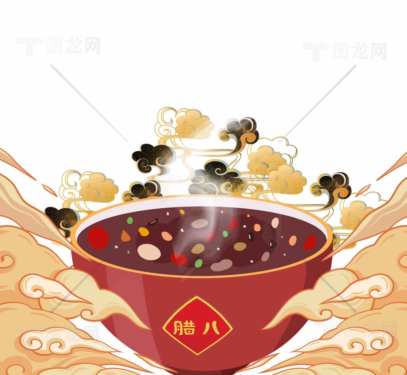 传统腊八节插画：红色碗与祥云设计素材