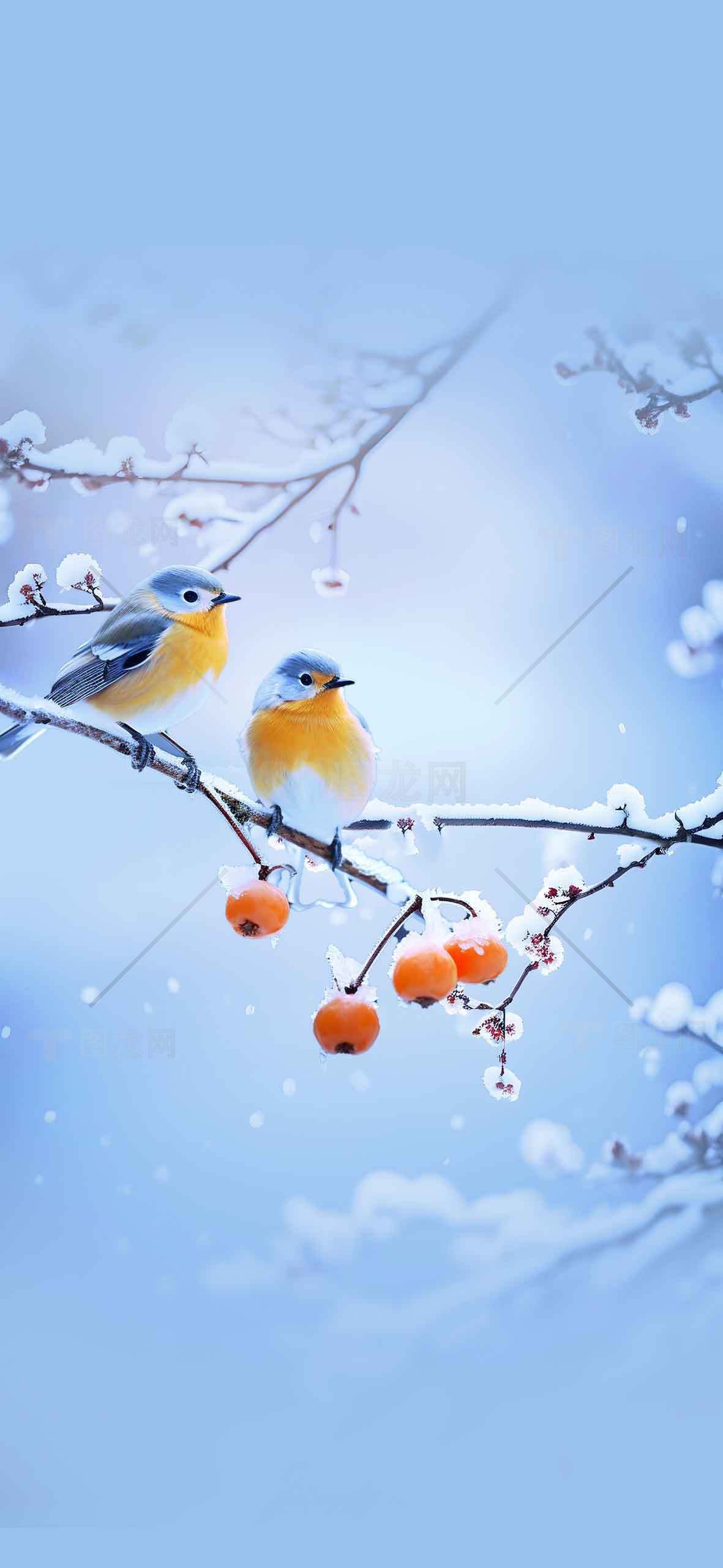 冬日雪景中的蓝黄小鸟与红果枝素材