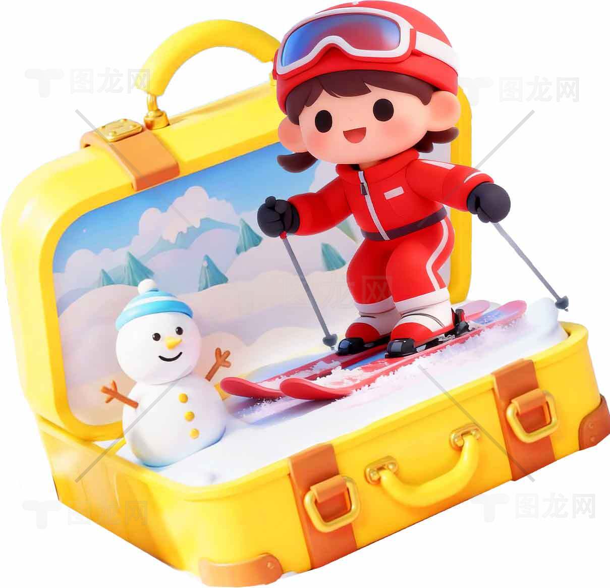 滑雪主题创意玩具：冬季旅行箱与雪人场景素材