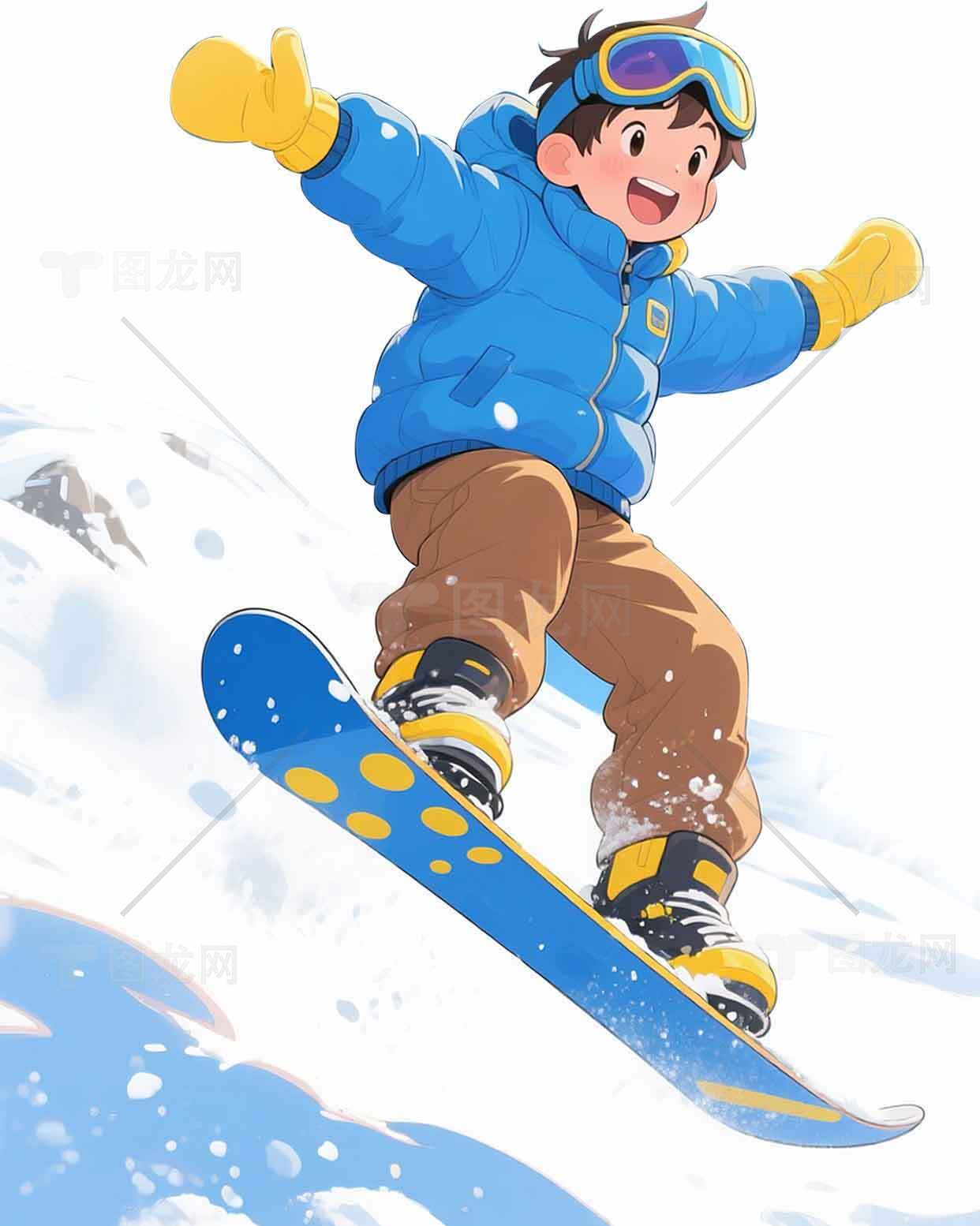 冬季滑雪运动插画：少年滑雪跳跃瞬间素材