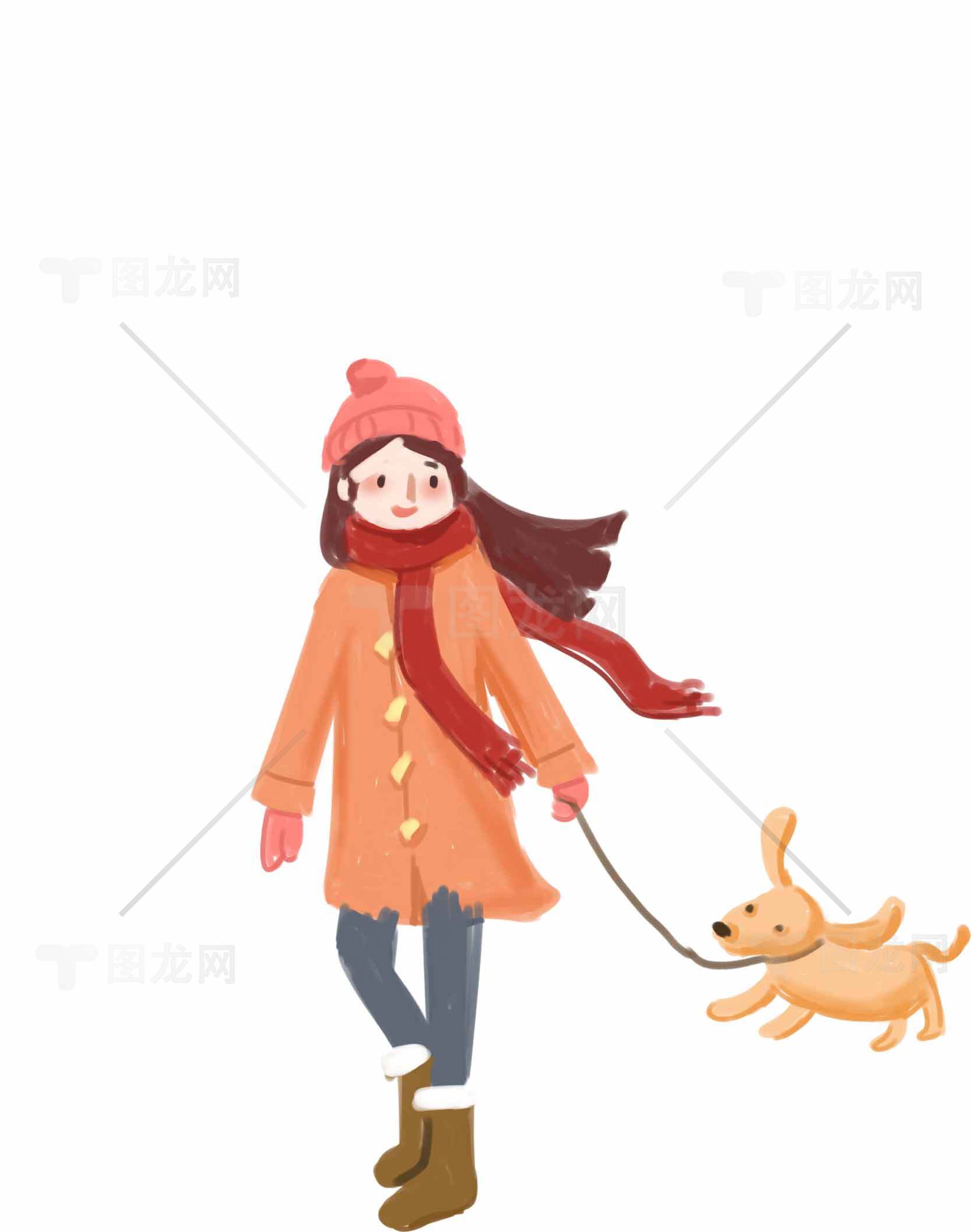 冬季遛狗插画：温暖与陪伴素材