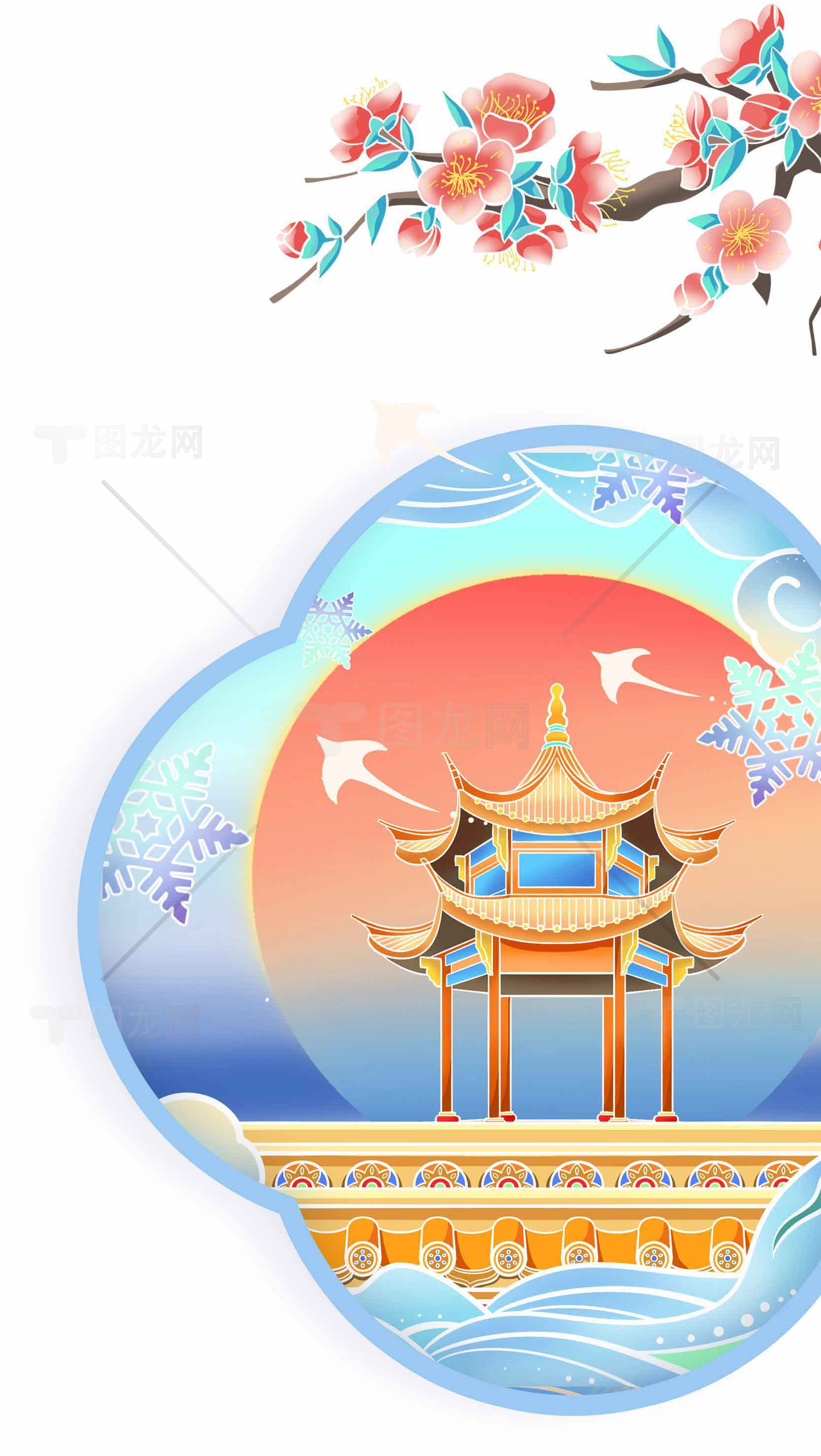 中国传统风景插画：亭台楼阁与春日桃花素材