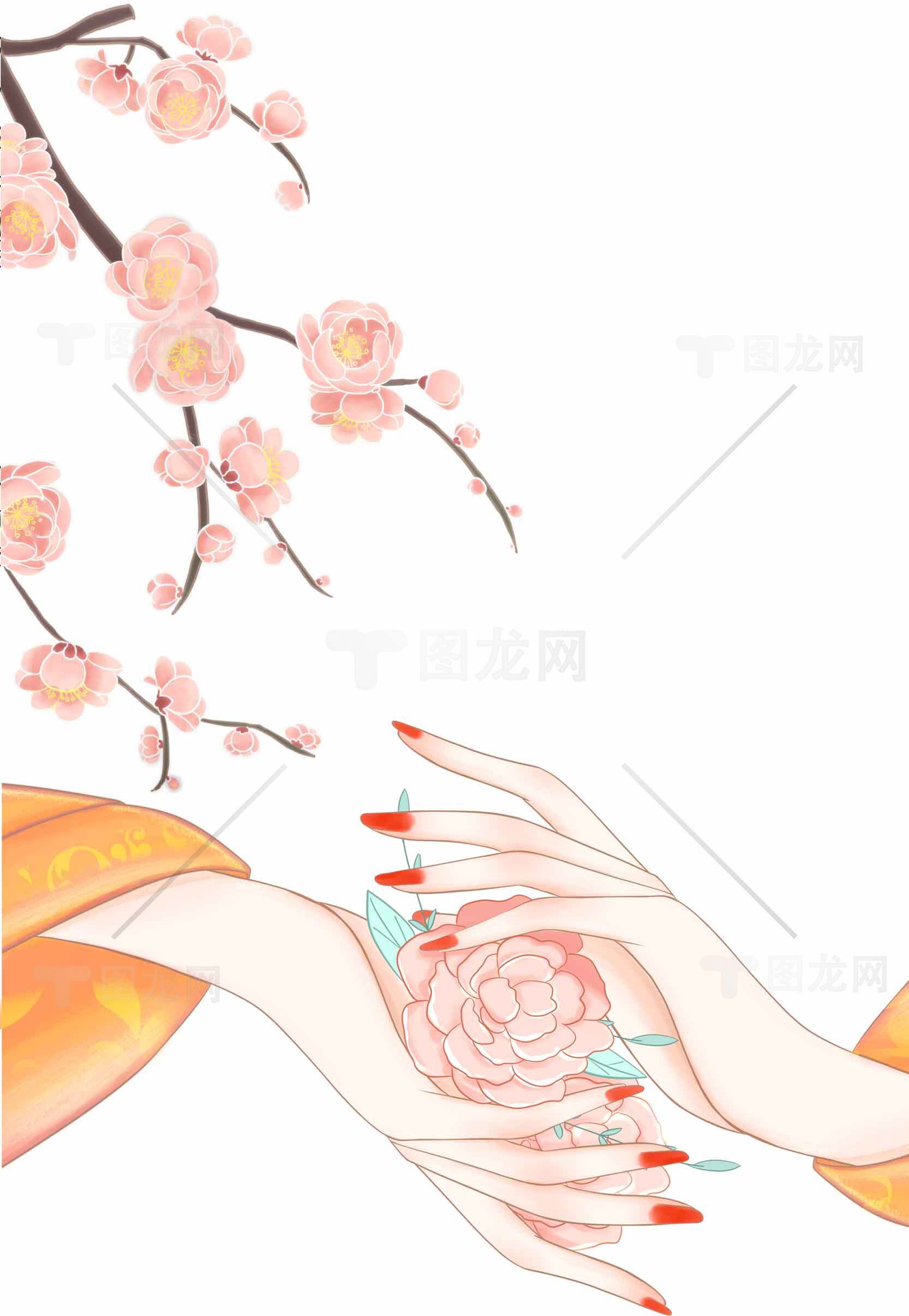 唯美手绘樱花与手部艺术插画素材