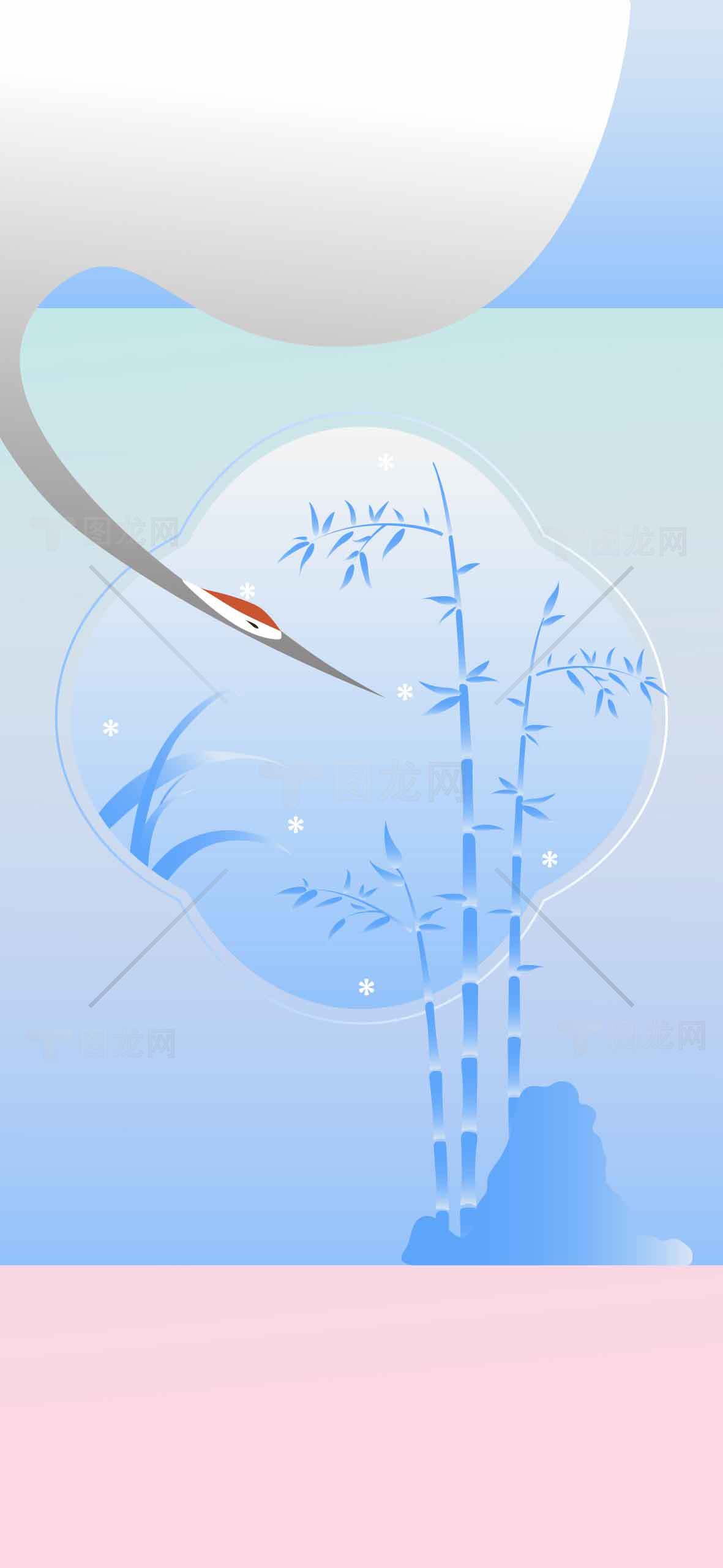 唯美中国风插画：竹林与仙鹤意境画素材