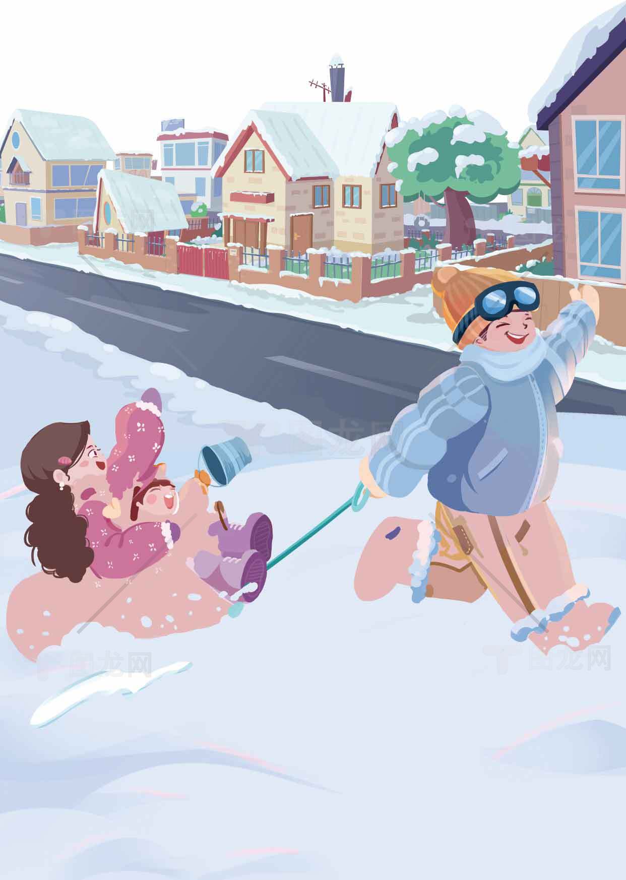 冬季雪地家庭欢乐时光插画素材