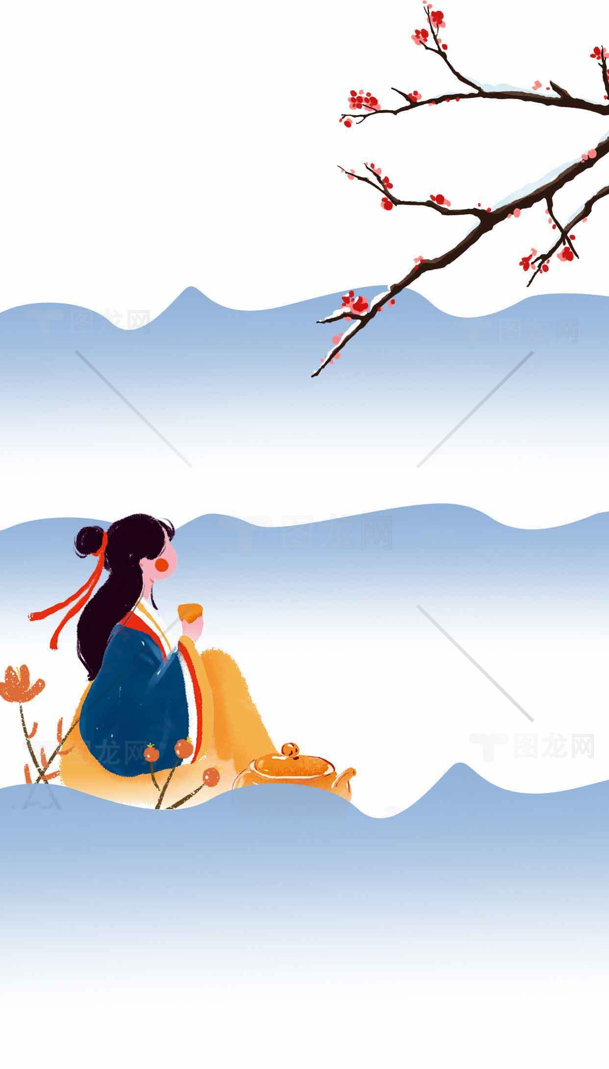 古风插画：女子赏梅意境图素材