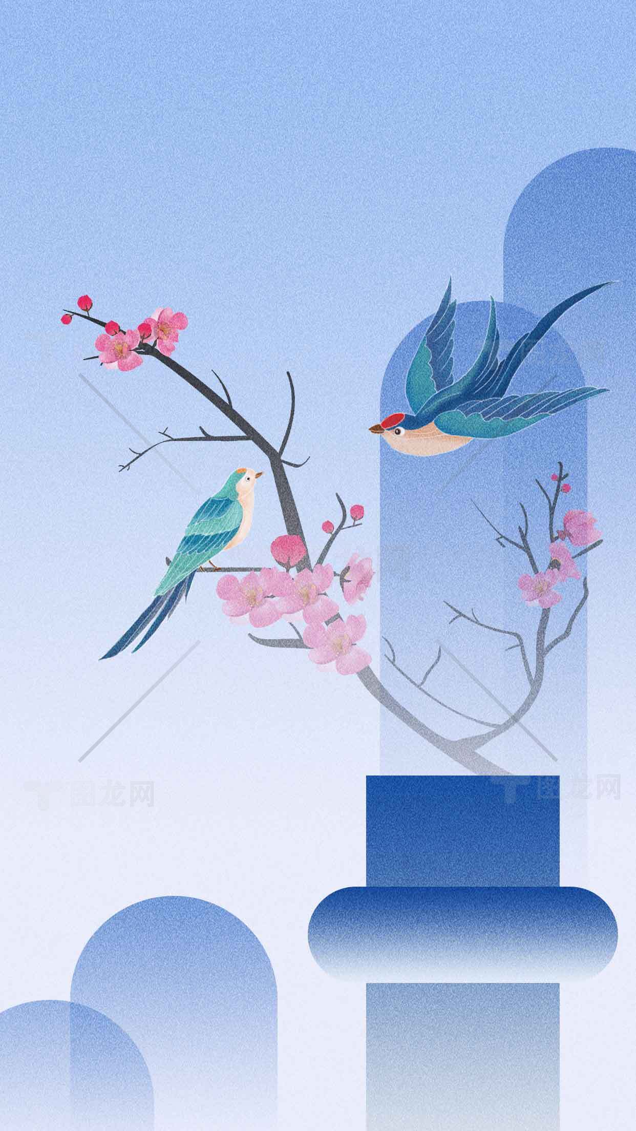 唯美蓝色背景的春日鸟语花香插画素材