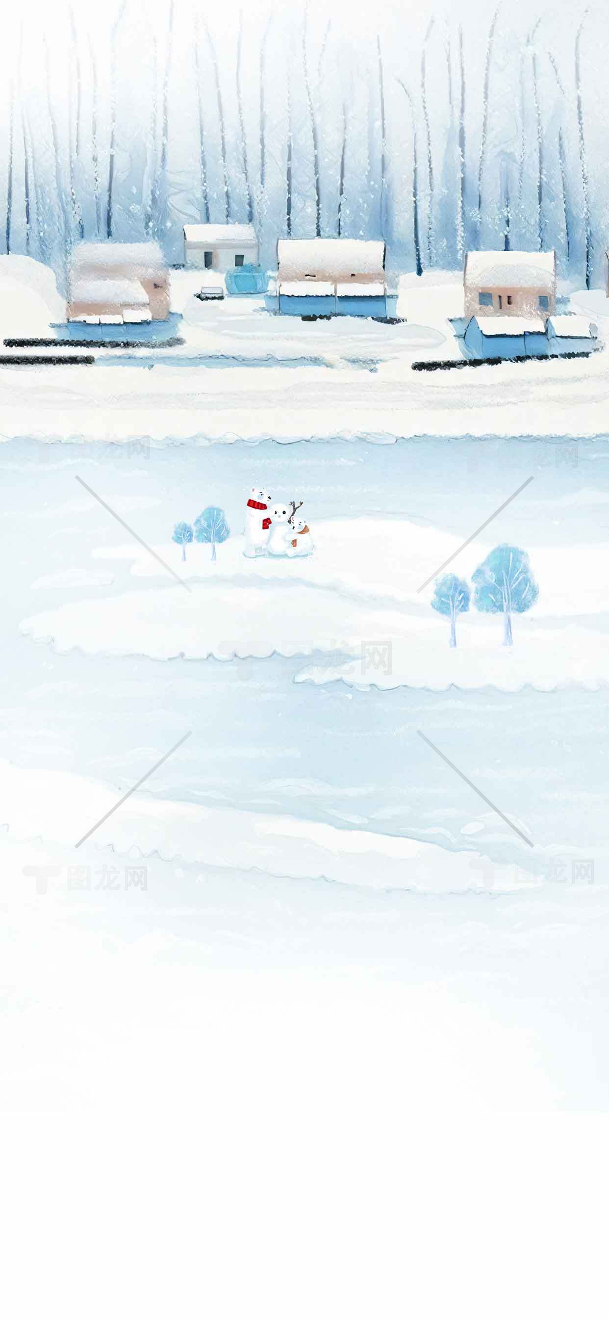 冬日雪景插画：湖边小屋与雪人素材