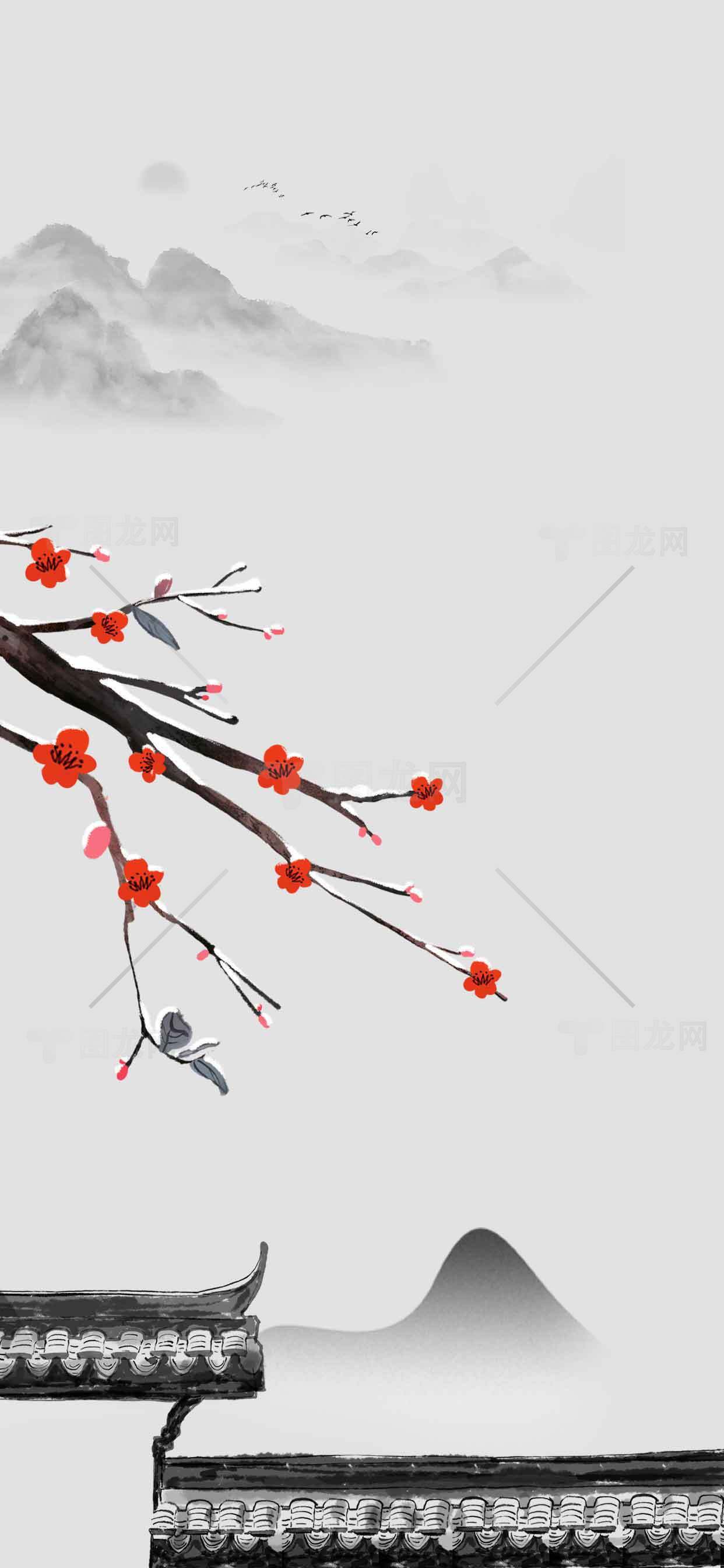 中国风水墨画红梅意境图片素材