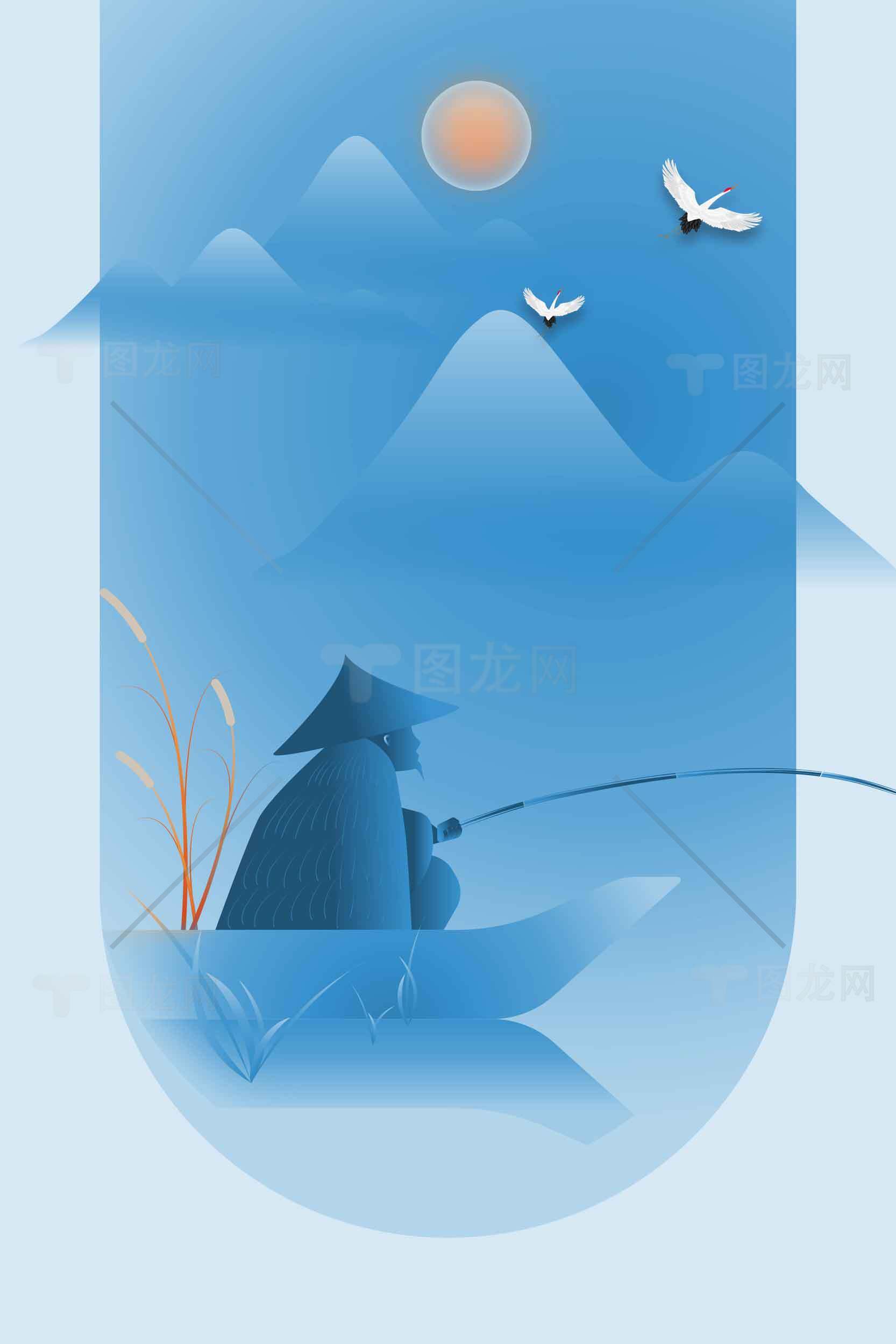 山水意境插画：垂钓者与自然和谐之美素材