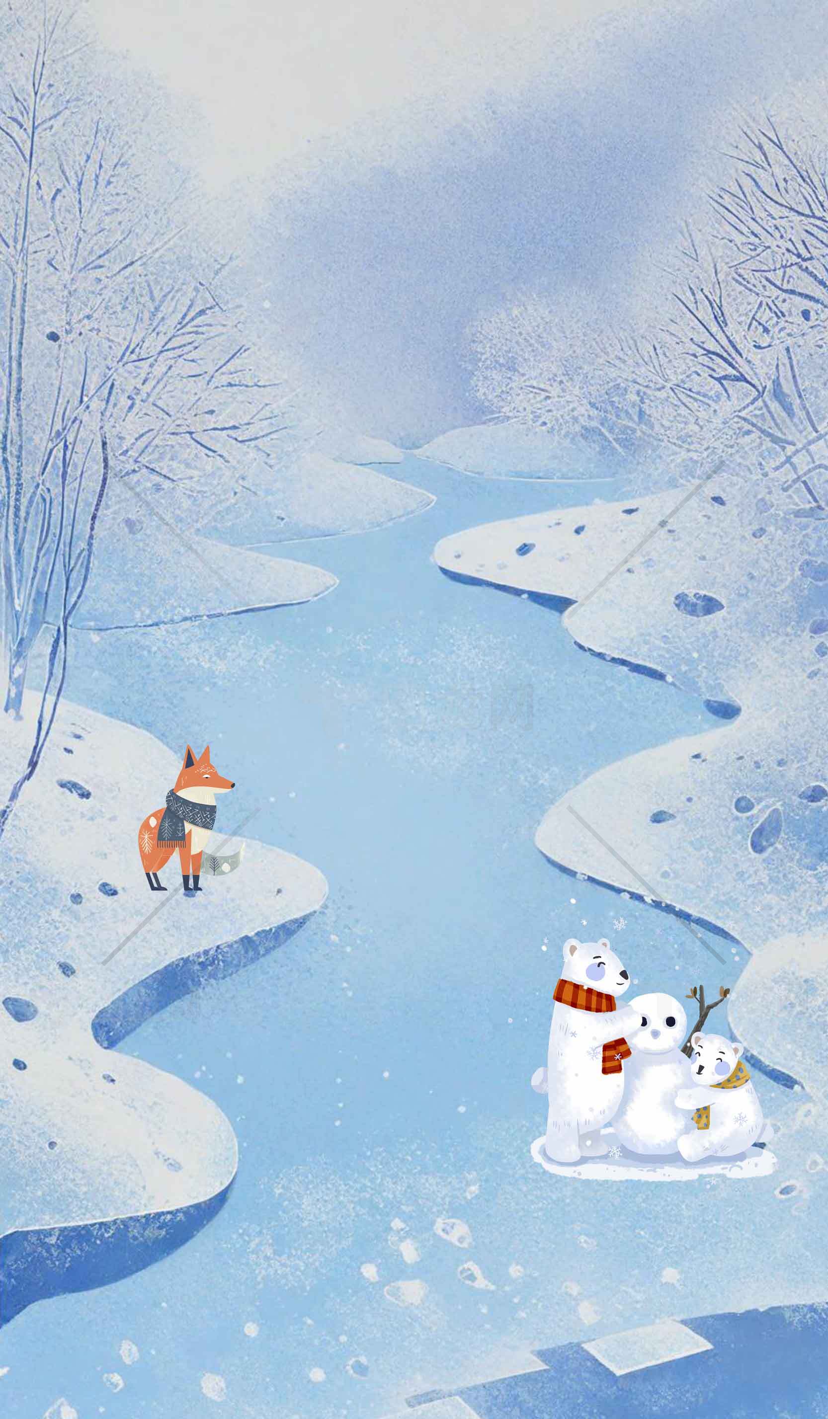 冬日雪景插画：冰河与雪人温馨场景素材