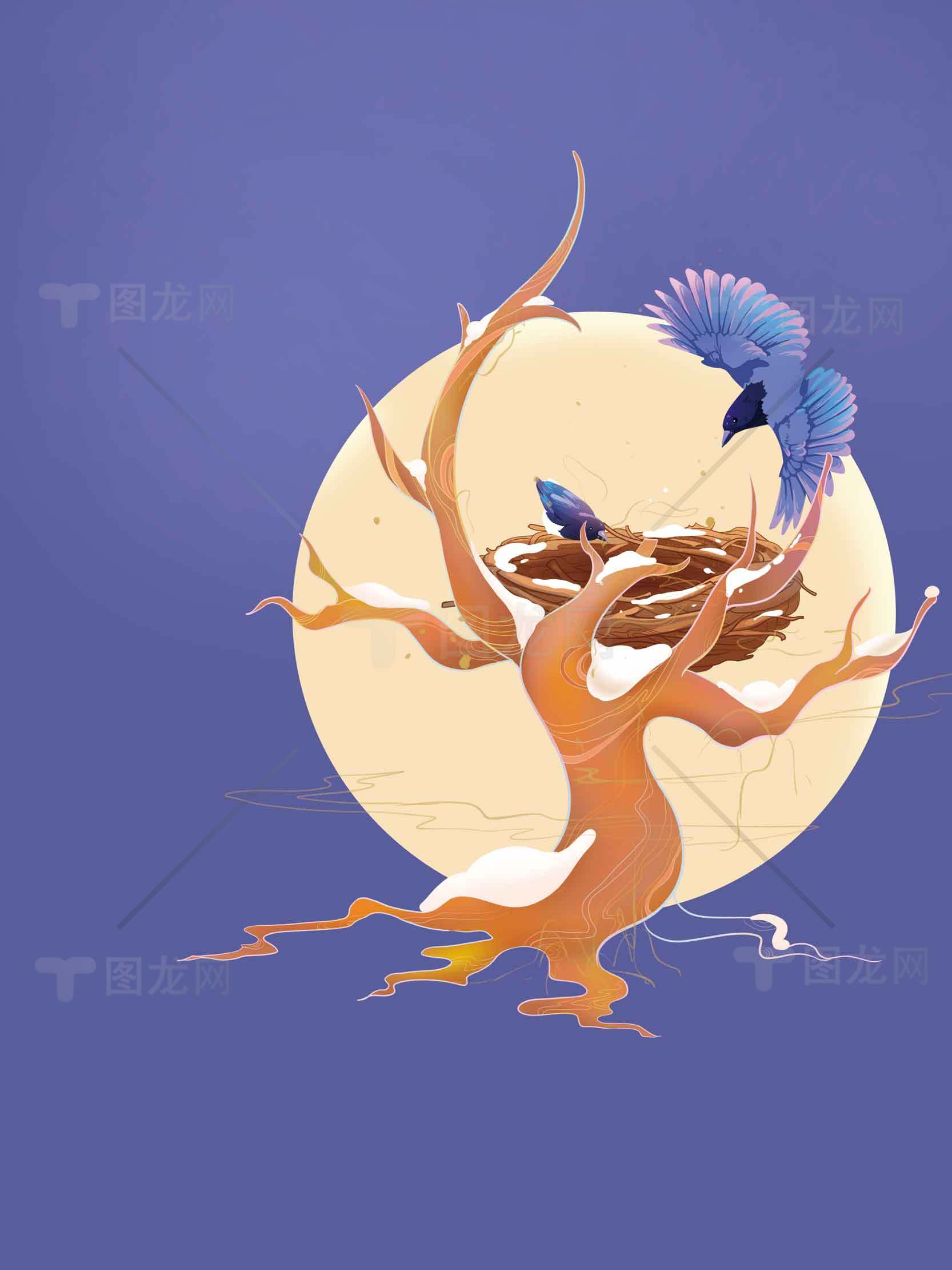 蓝色背景下的鸟巢与飞鸟插画素材