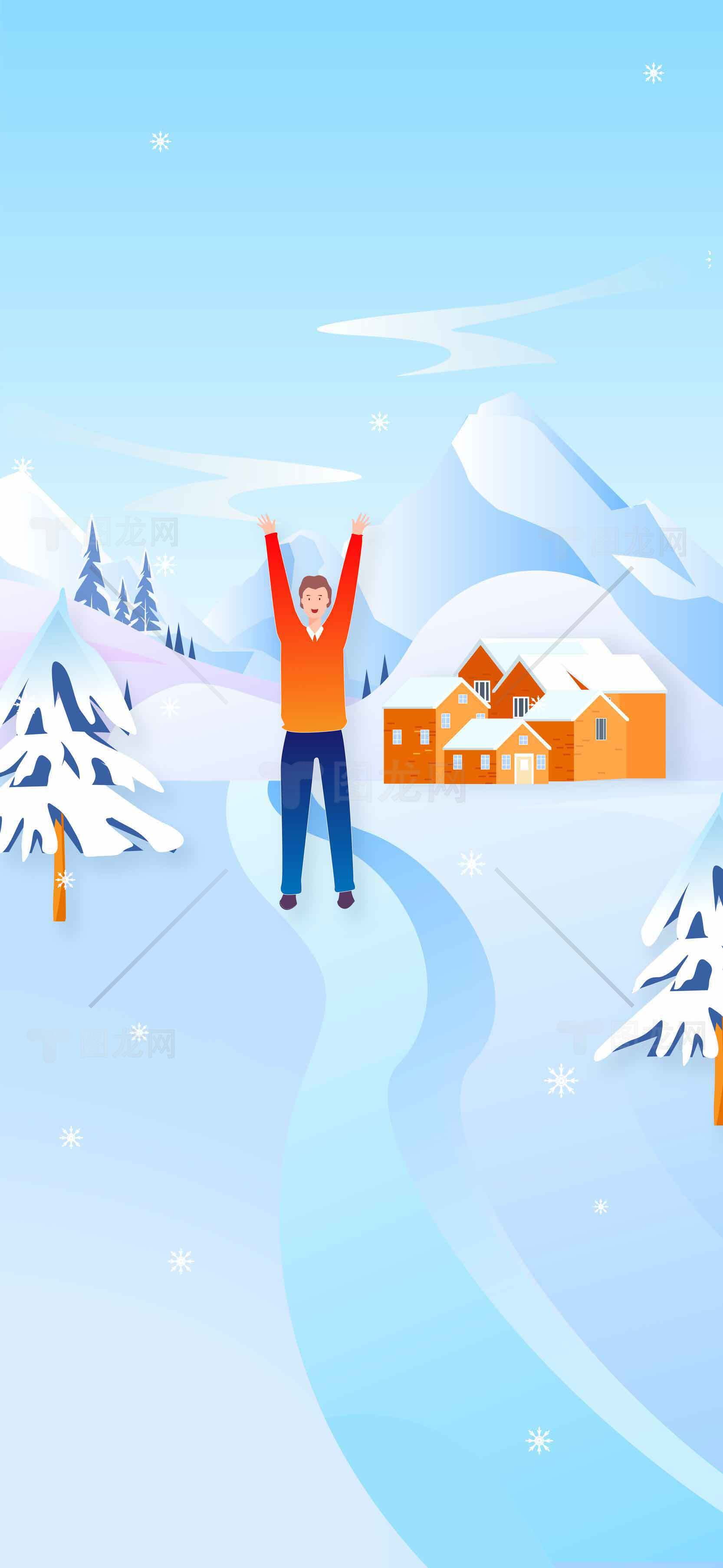 冬季雪景插画：滑雪与小屋的温馨场景素材