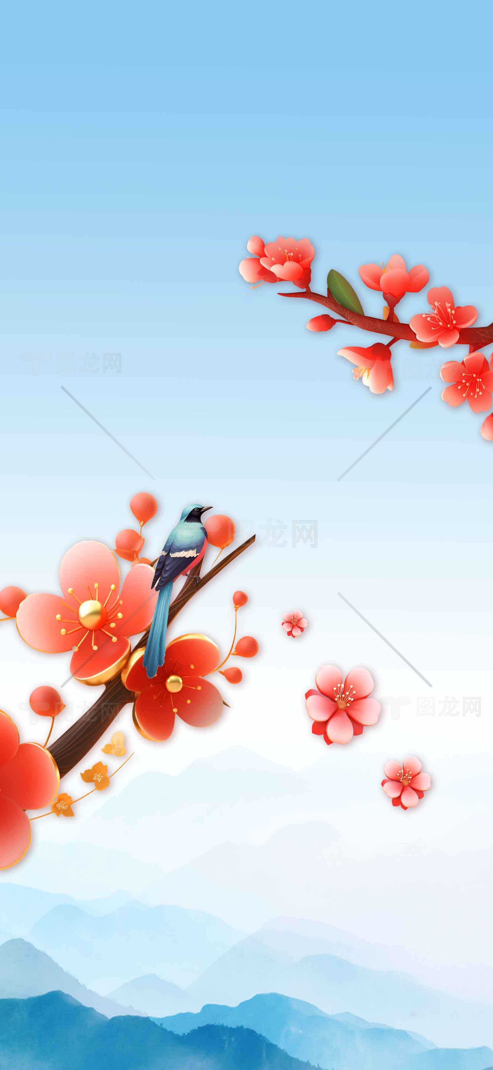 春日梅花与蓝天背景插画高清壁纸素材