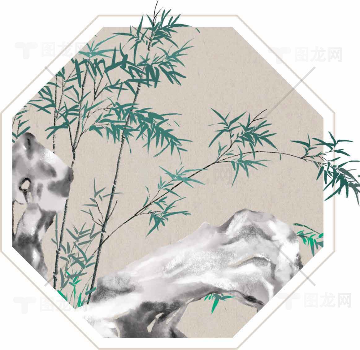 中国传统水墨画竹子与山石装饰画素材