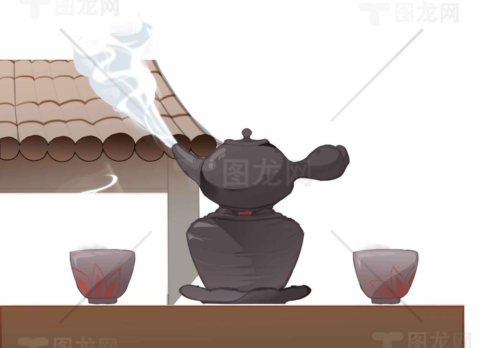 传统茶文化插画：茶壶与茶杯的静谧时光素材