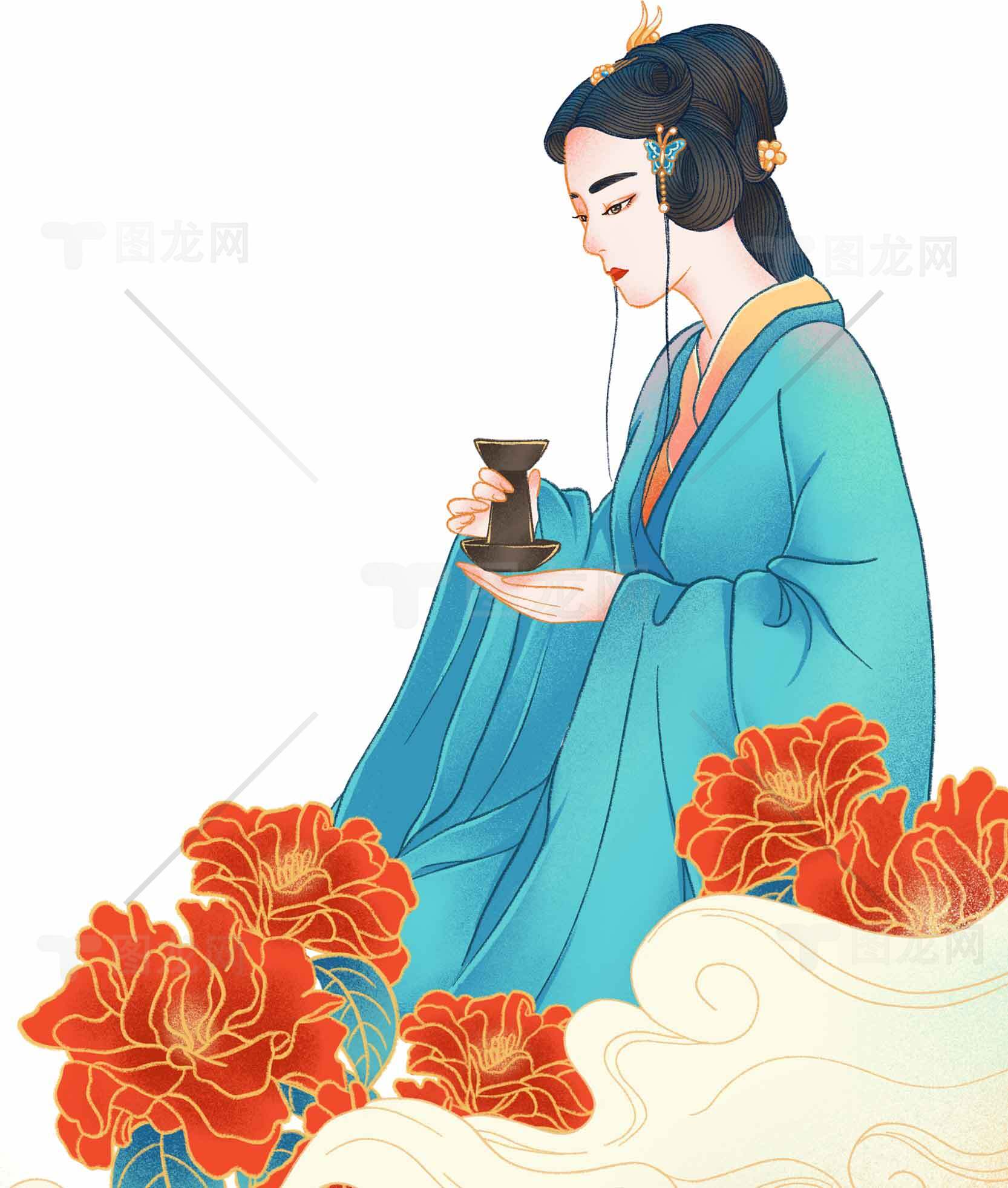 古风插画女子手持酒杯与牡丹花背景素材
