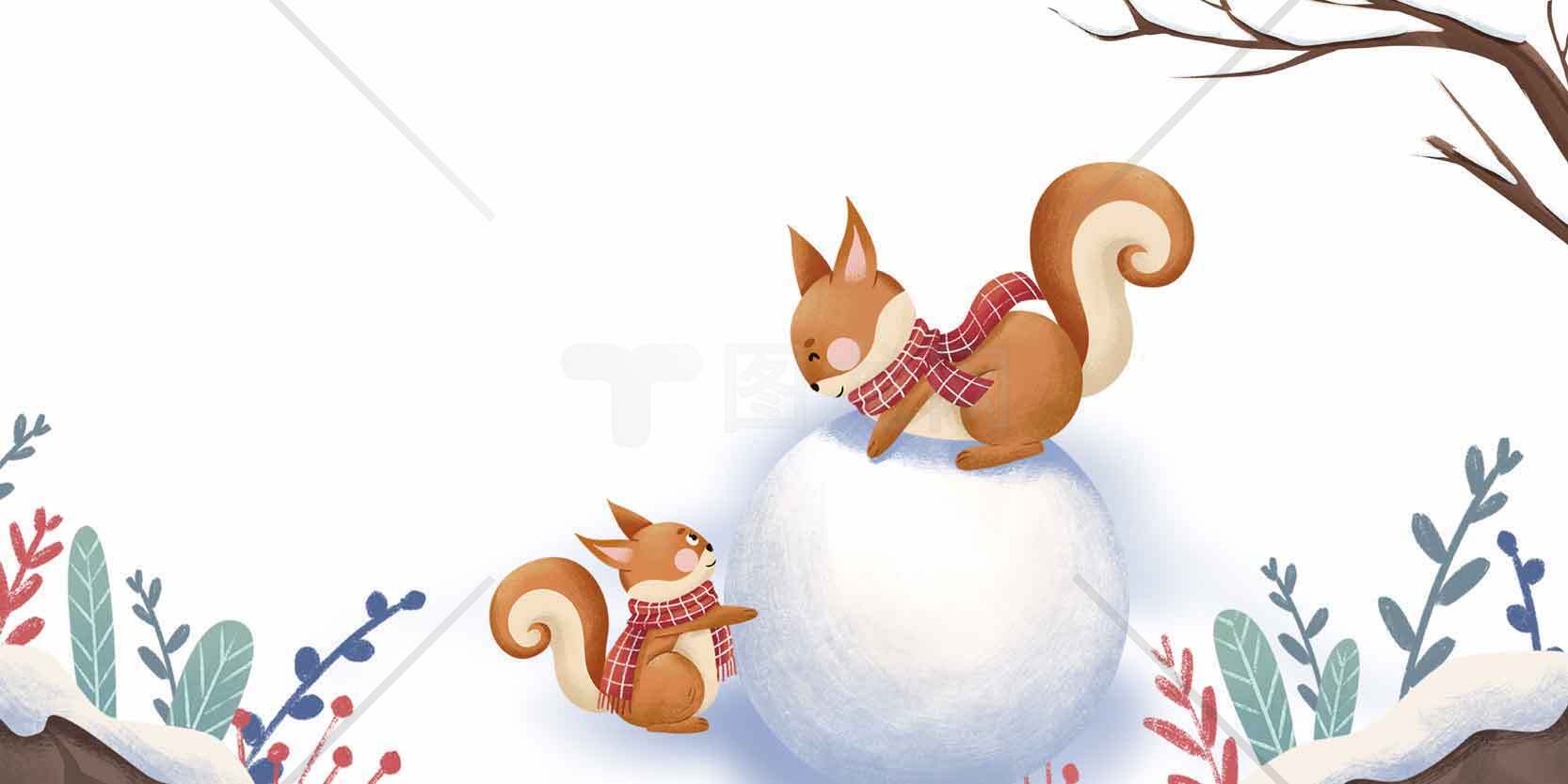 冬季松鼠插画：温馨雪地场景素材