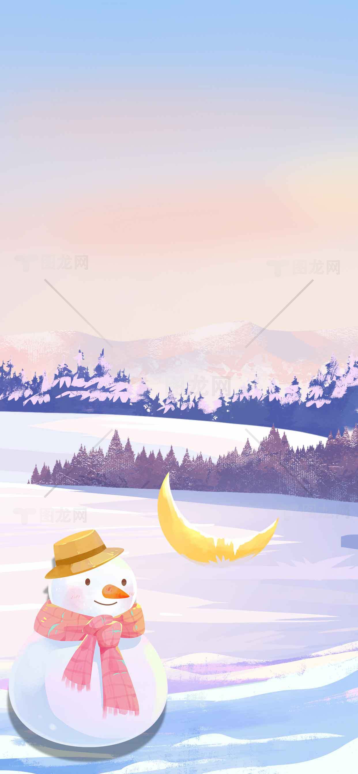 冬季雪景插画：雪人与月亮的浪漫邂逅素材