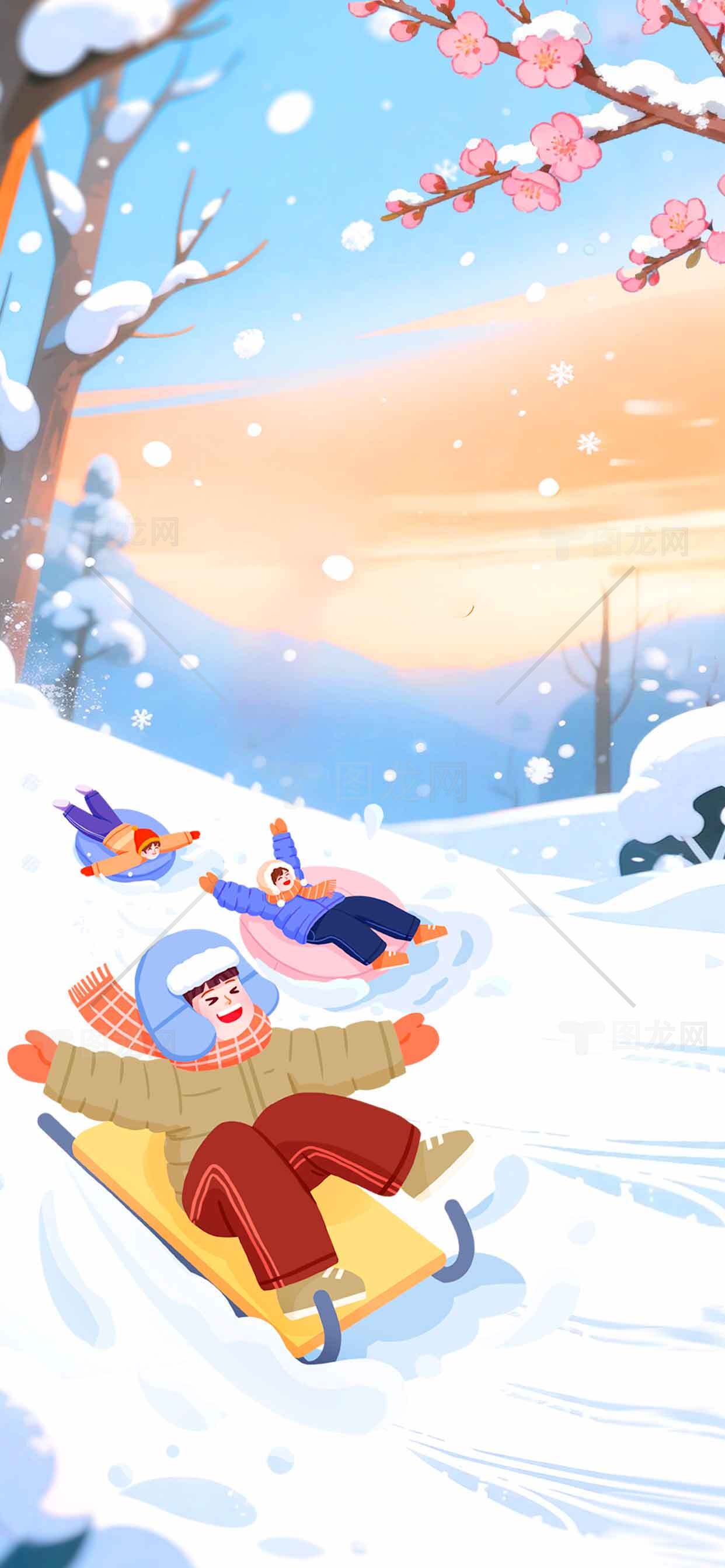 冬日雪景中小朋友的欢乐滑雪活动素材