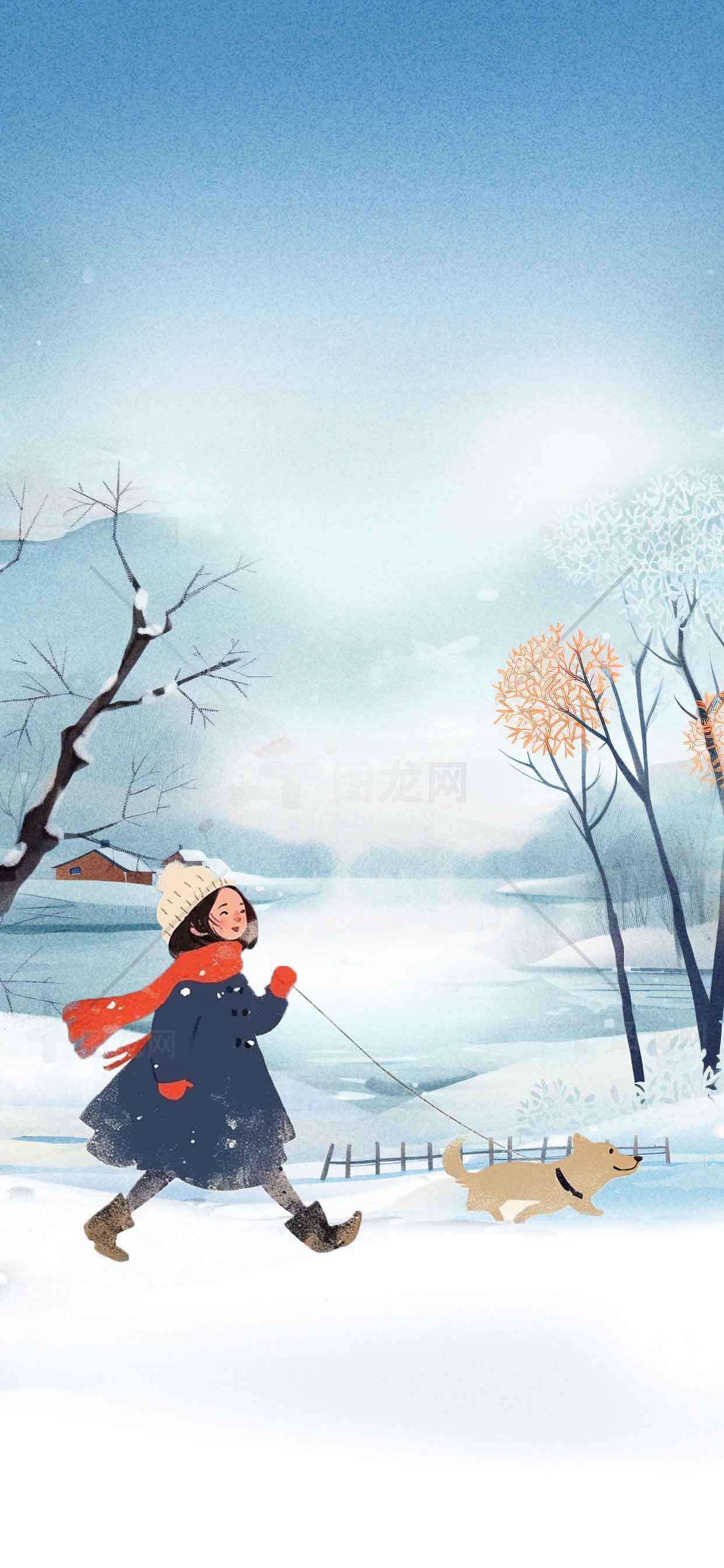 冬日雪景插画：女孩与狗的温馨散步素材