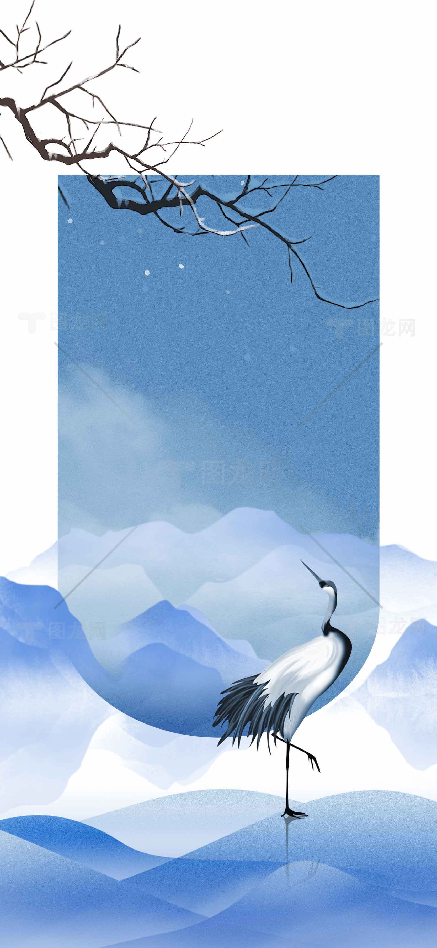 唯美水墨丹顶鹤与山水画背景图片素材