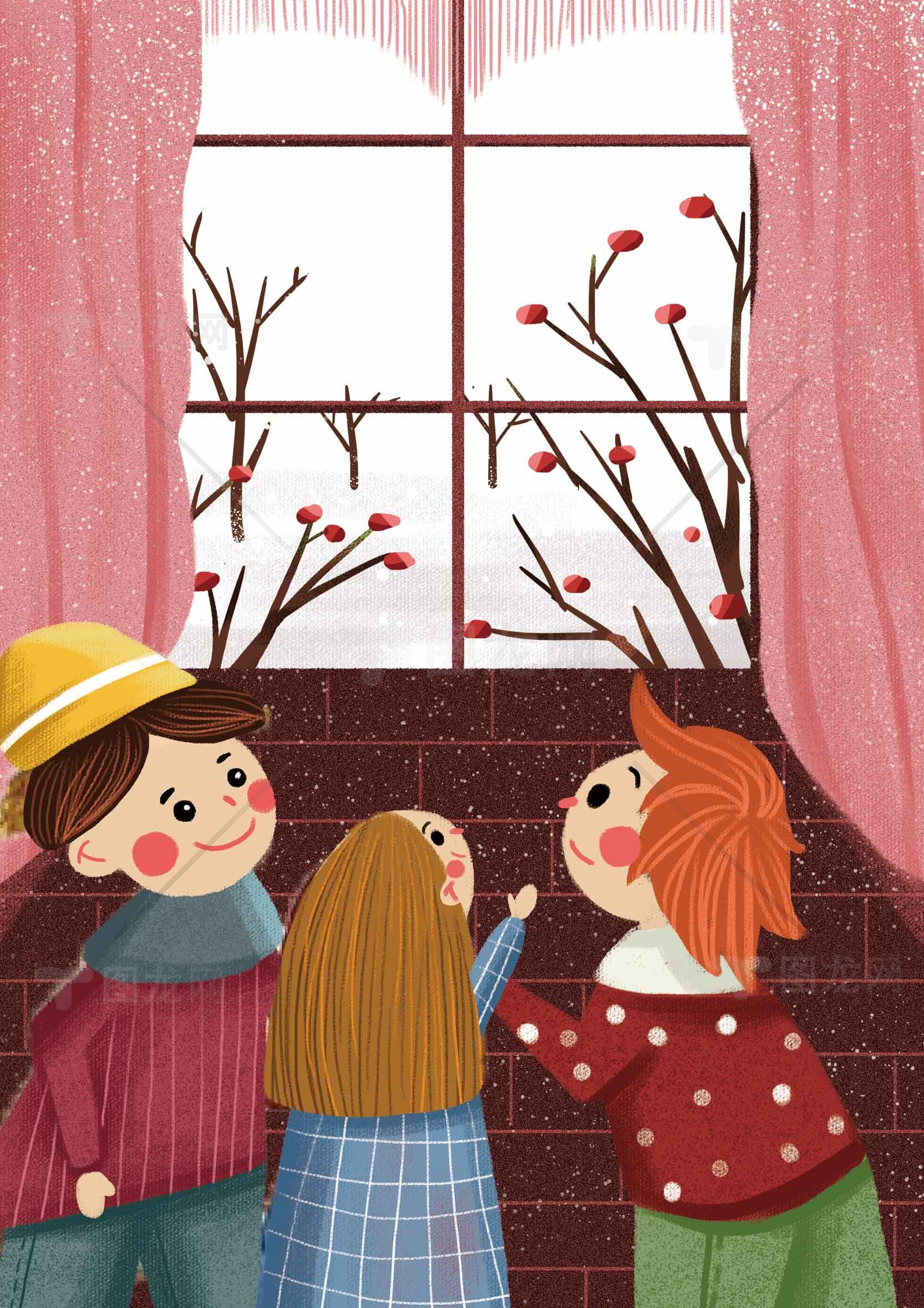 冬日窗边的童趣插画素材