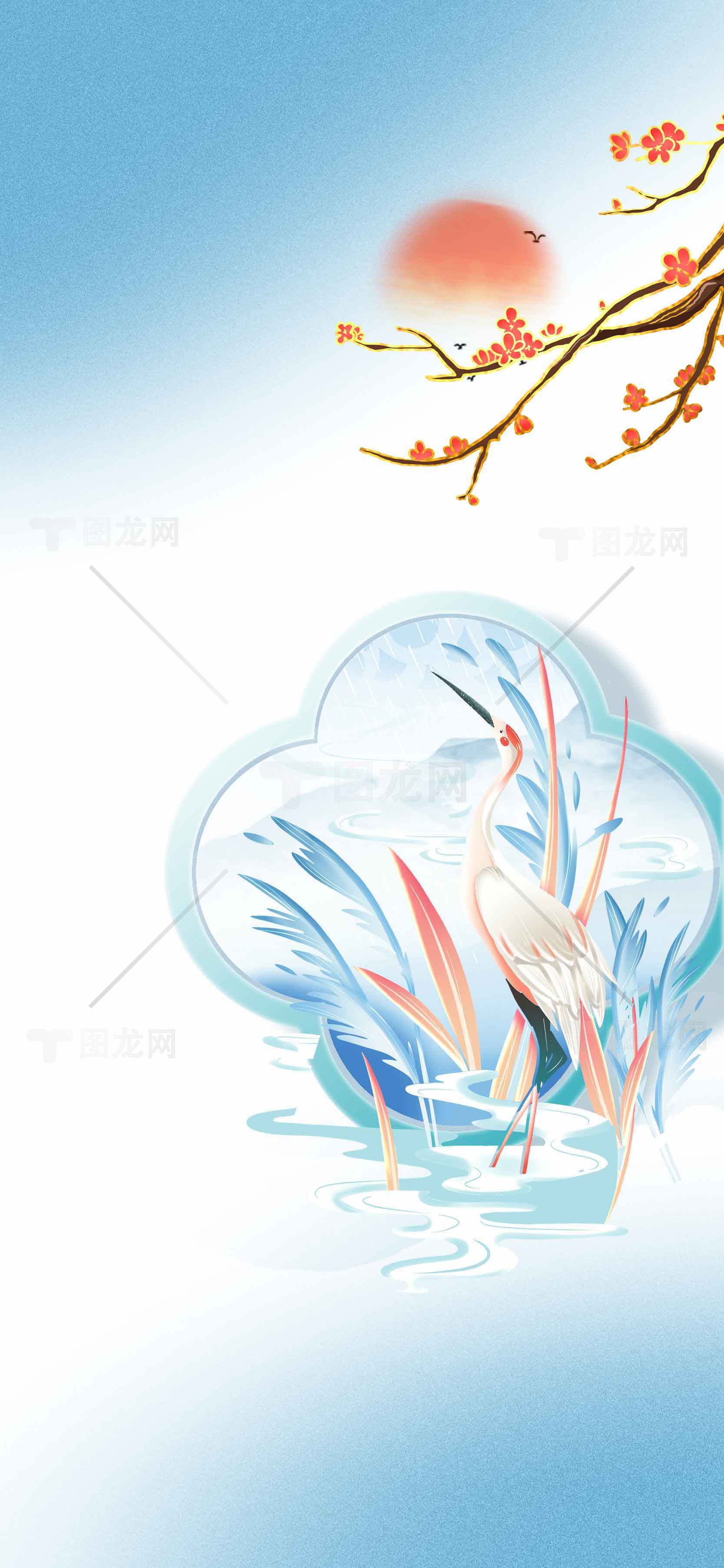 唯美水墨风仙鹤与梅花背景图片素材