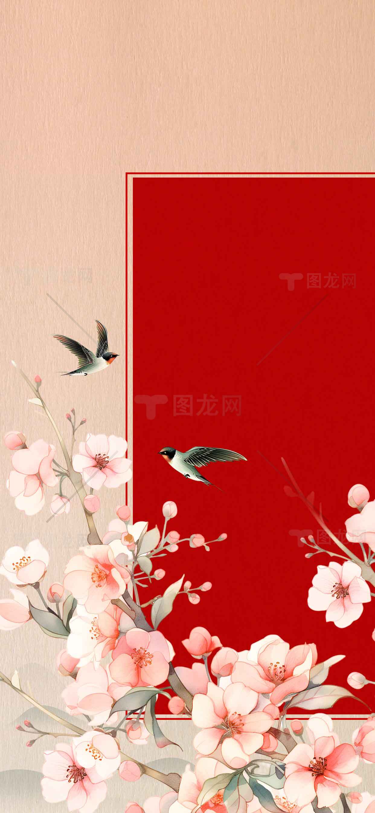 唯美中国风红色背景图片-花鸟主题设计素材