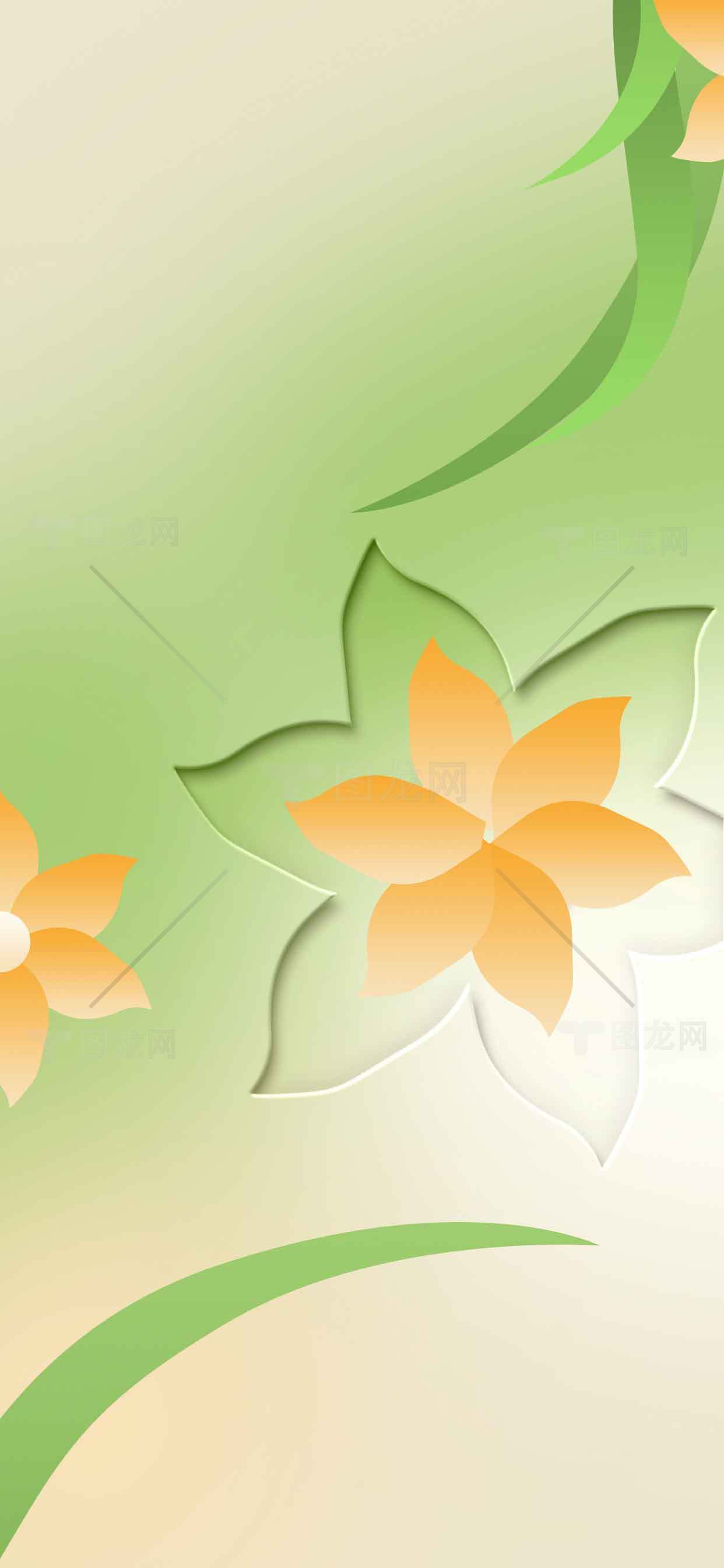 清新绿色背景与橙色花朵设计图片素材