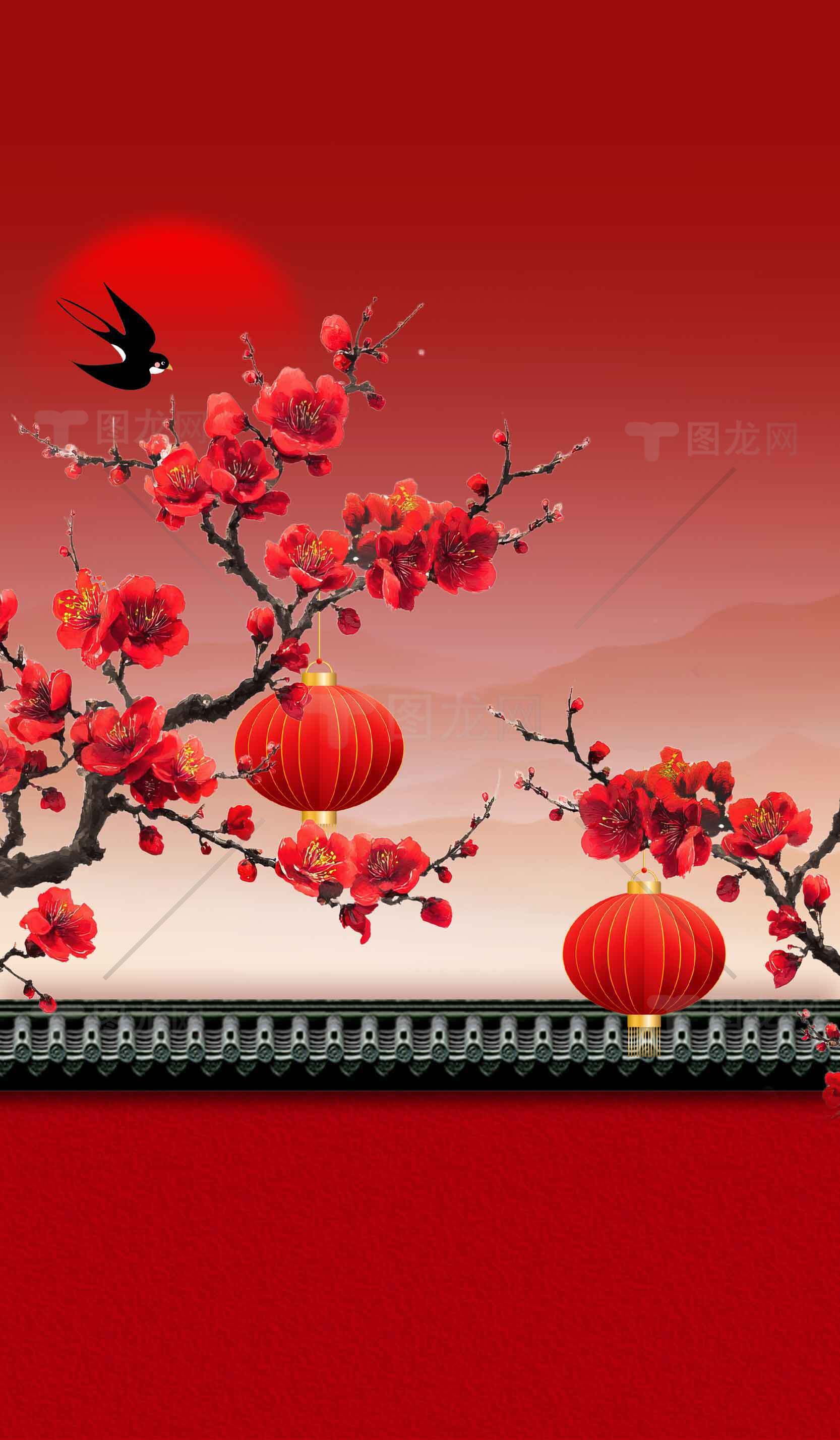 中国传统红色背景：梅花与灯笼装饰素材