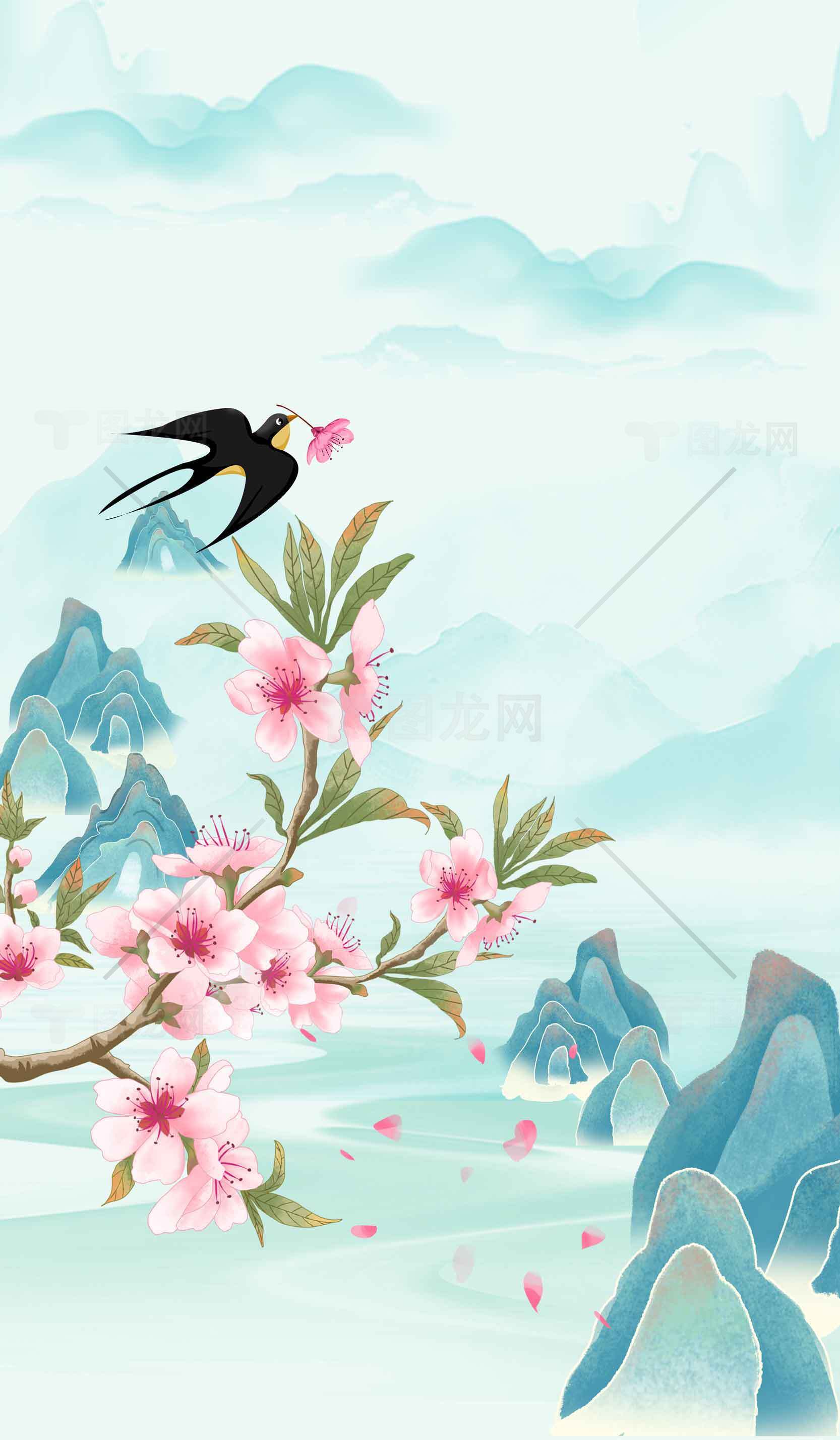 国风水墨山水画：桃花与飞鸟的唯美意境素材