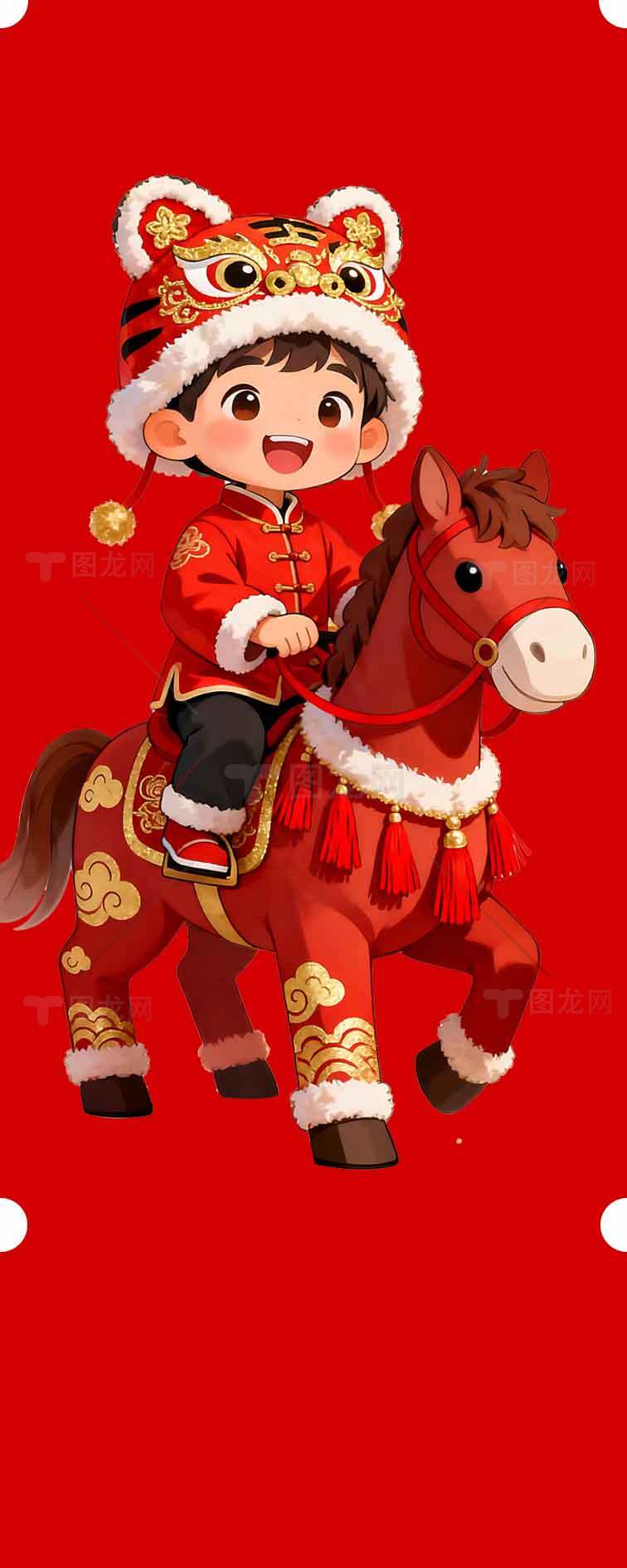 春节儿童骑马卡通插画素材