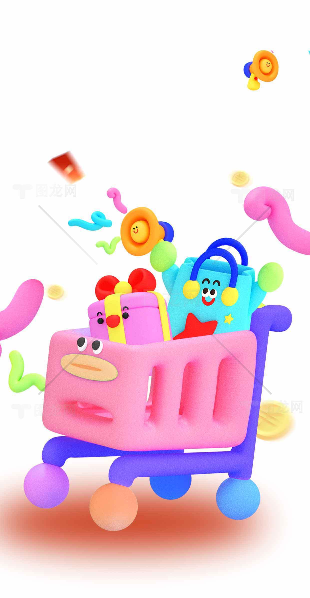 卡通购物车与礼物插画设计素材