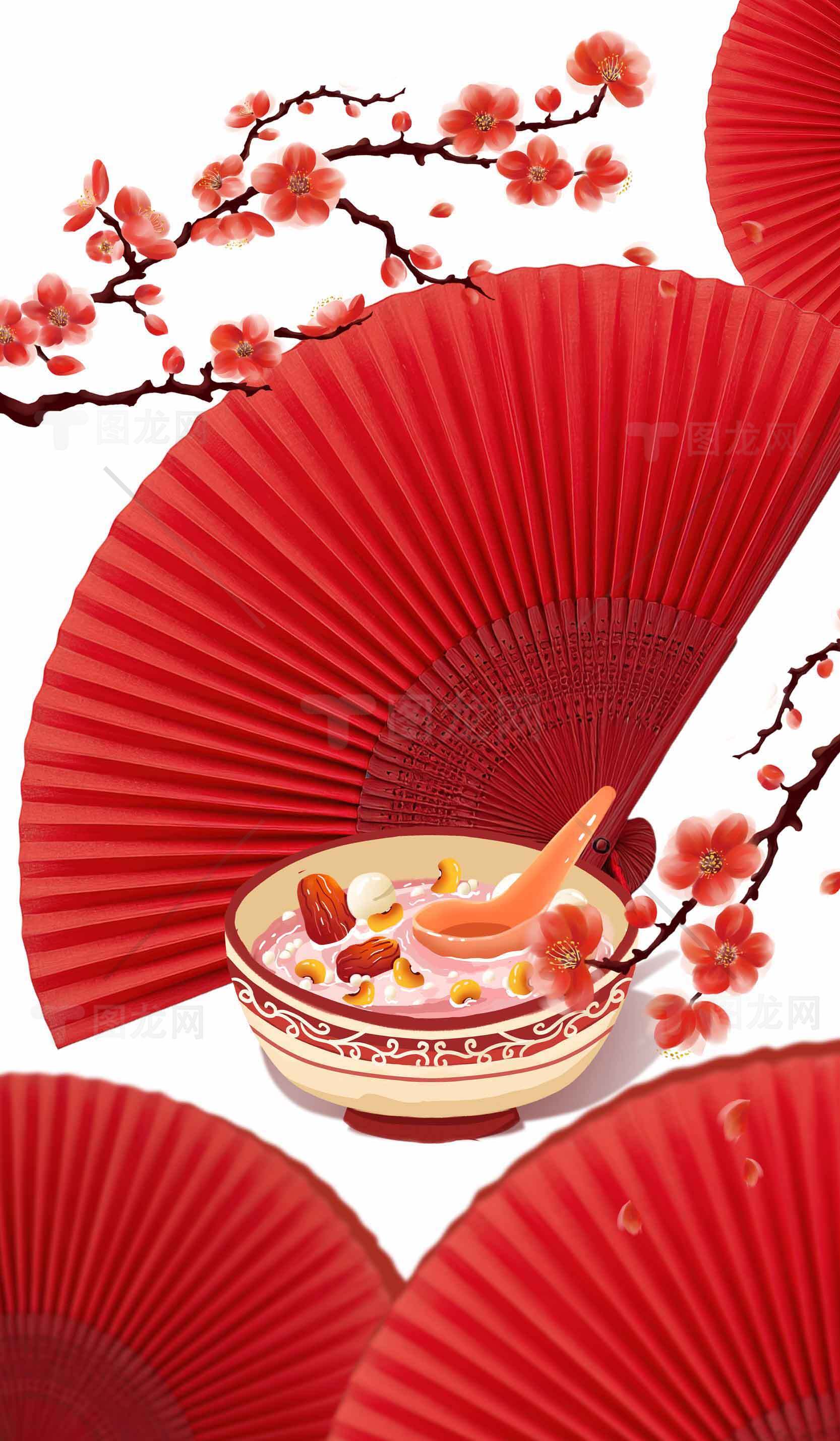 传统红色扇子与中式甜品搭配的节日氛围图片素材