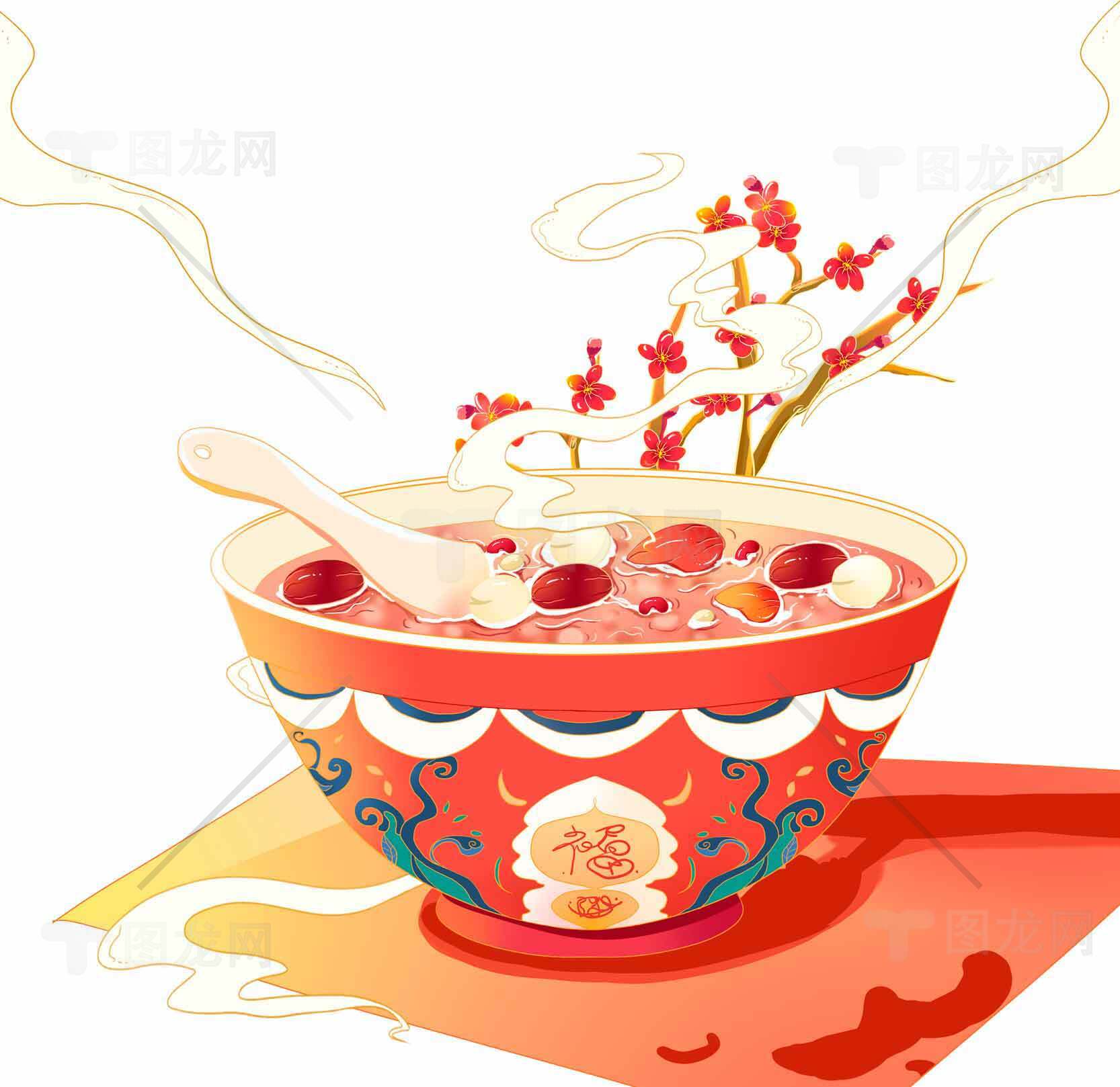 传统中式甜品插画：红色汤圆碗与梅花背景素材