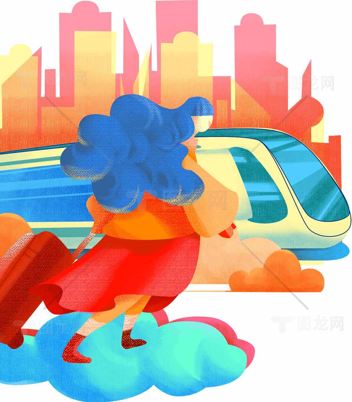 城市旅行插画：现代交通与女性旅者素材