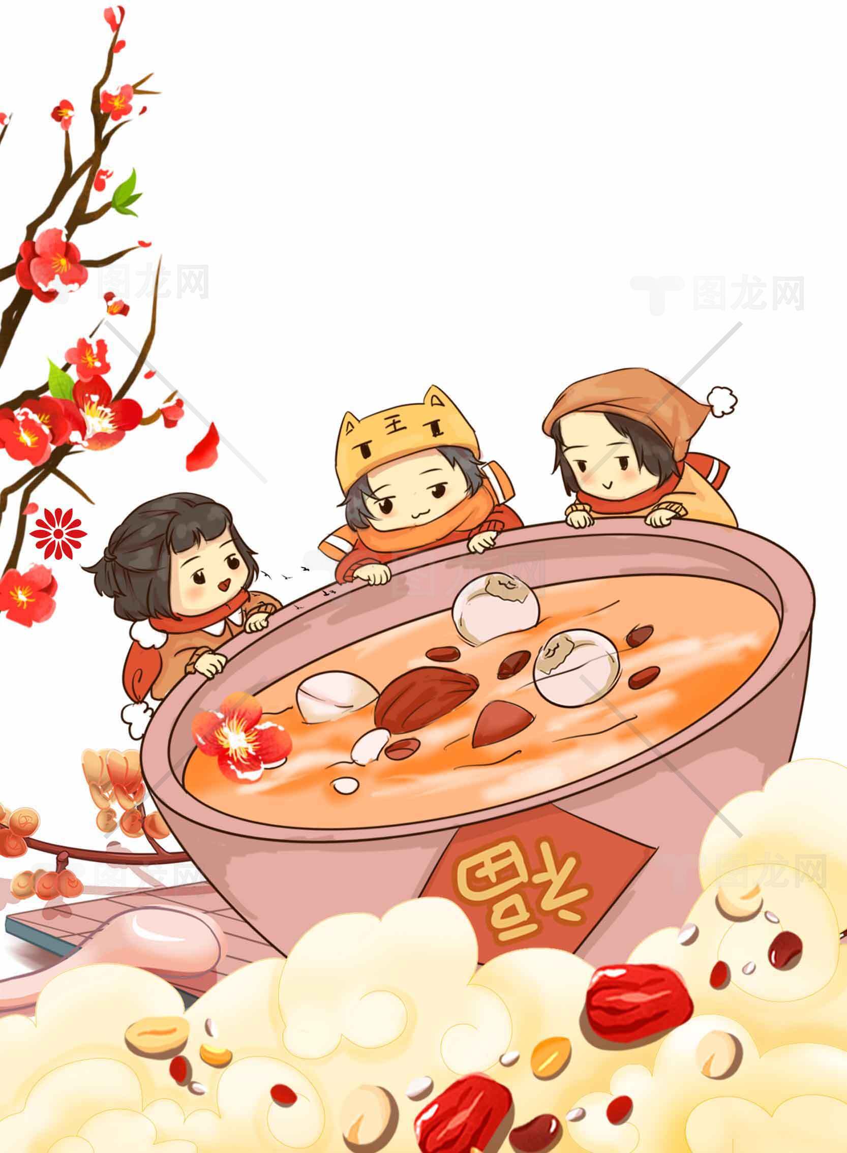 腊八节传统美食插画：温暖的腊八粥与节日氛围素材