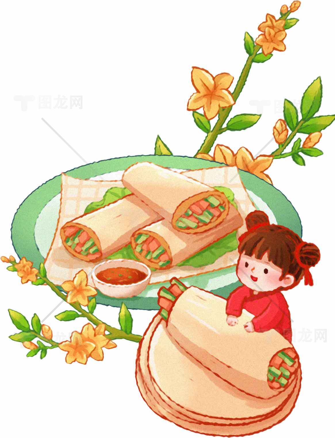 春日美食插画：春卷与花卉装饰素材
