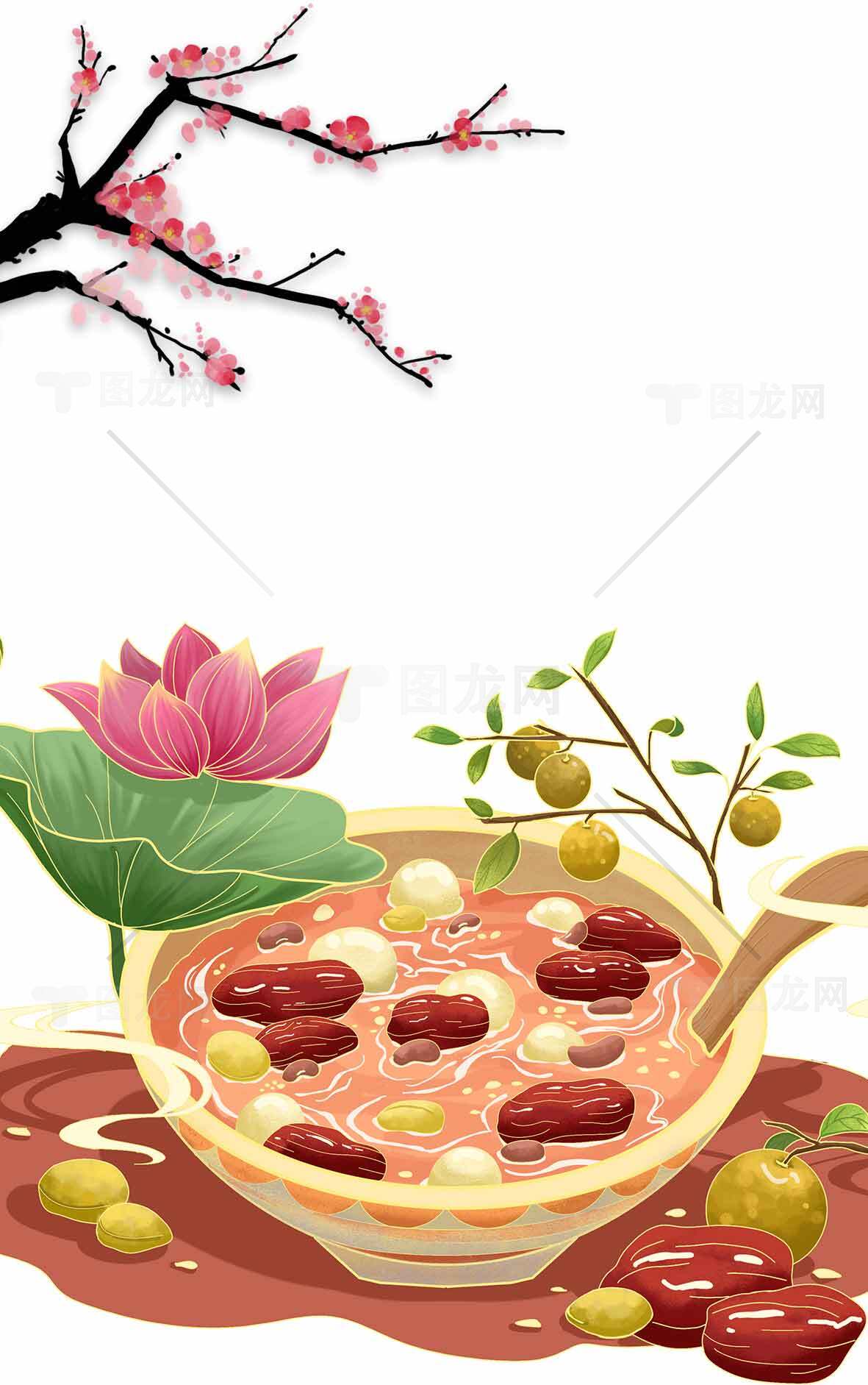 传统中式养生甜品：红枣莲子汤插画素材