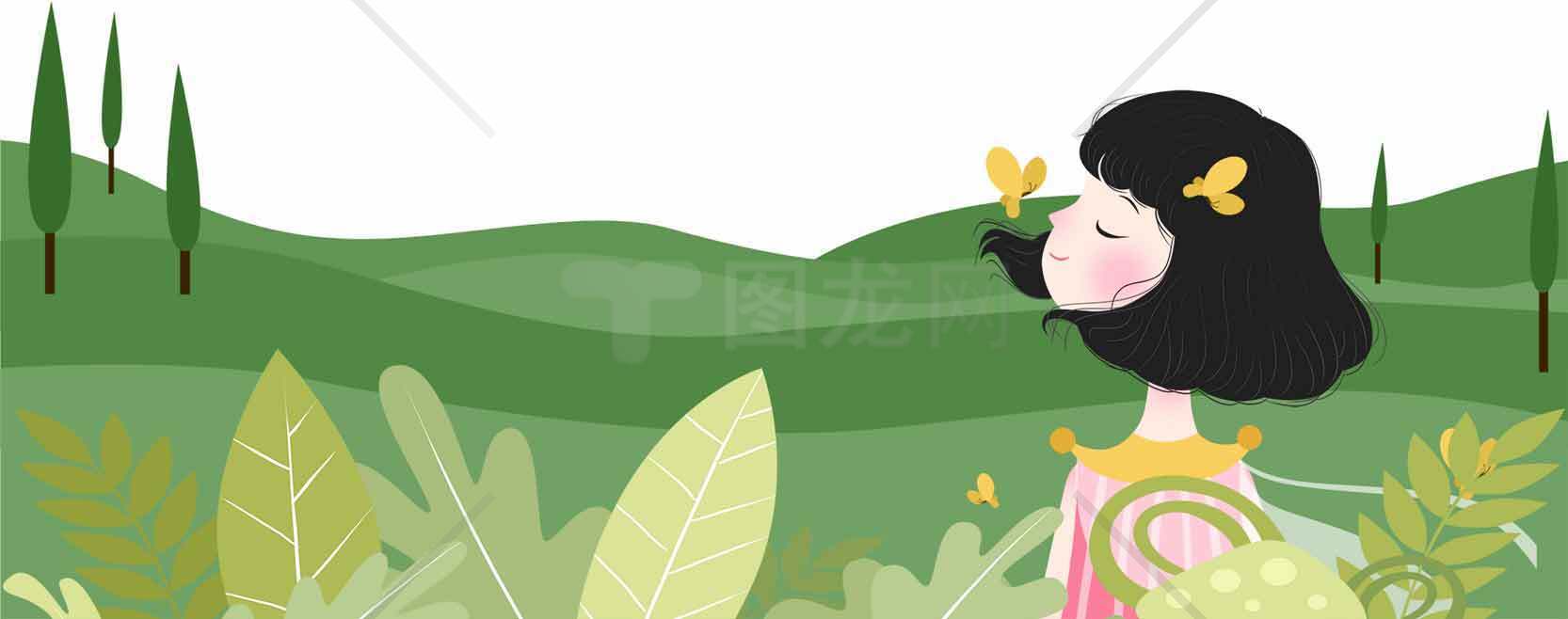 清新自然风插画：女孩与蝴蝶的美好时光素材