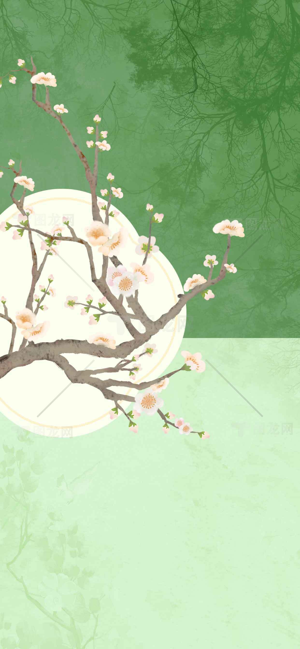 春日樱花与绿色背景唯美插画素材