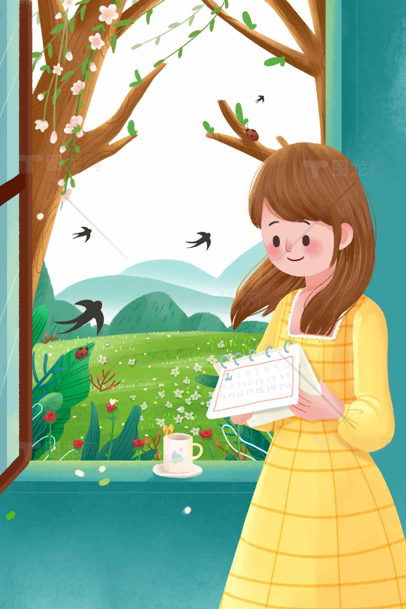 春日窗边女孩插画唯美场景素材