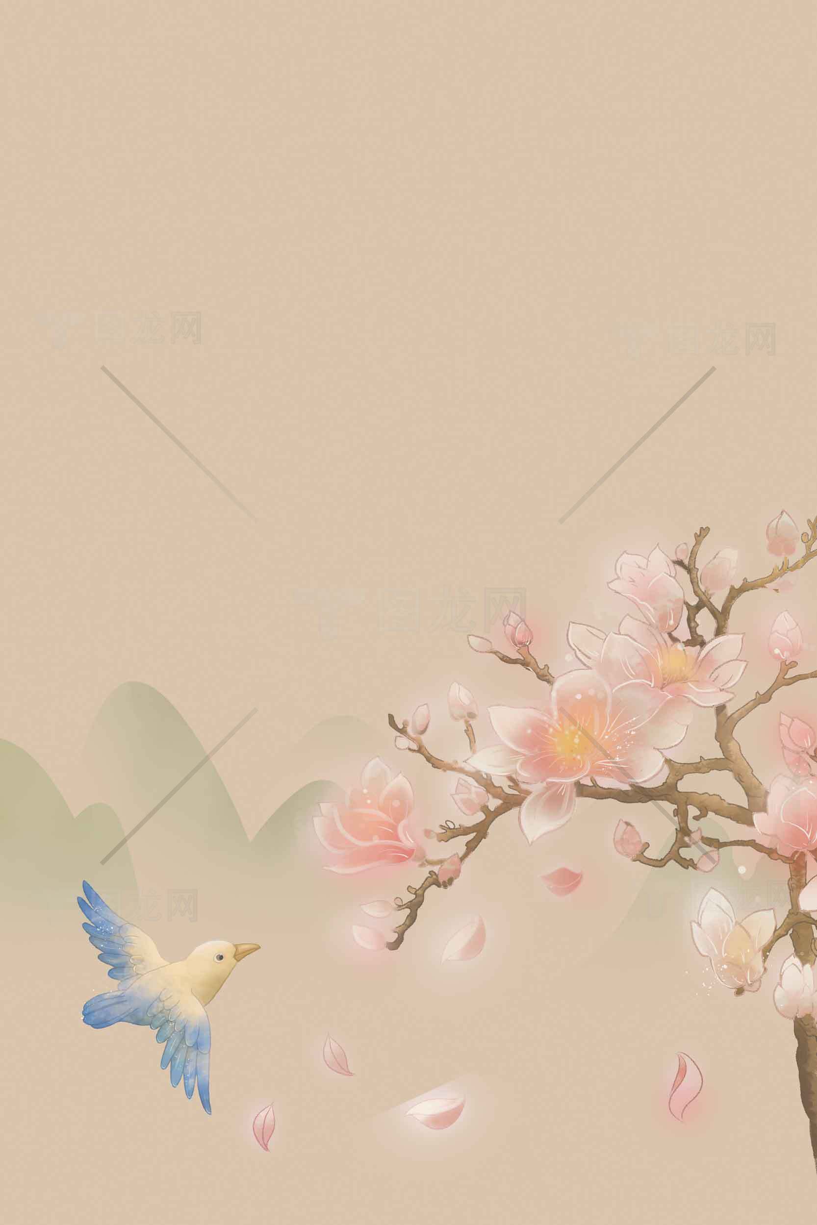 唯美手绘桃花与小鸟背景图片素材